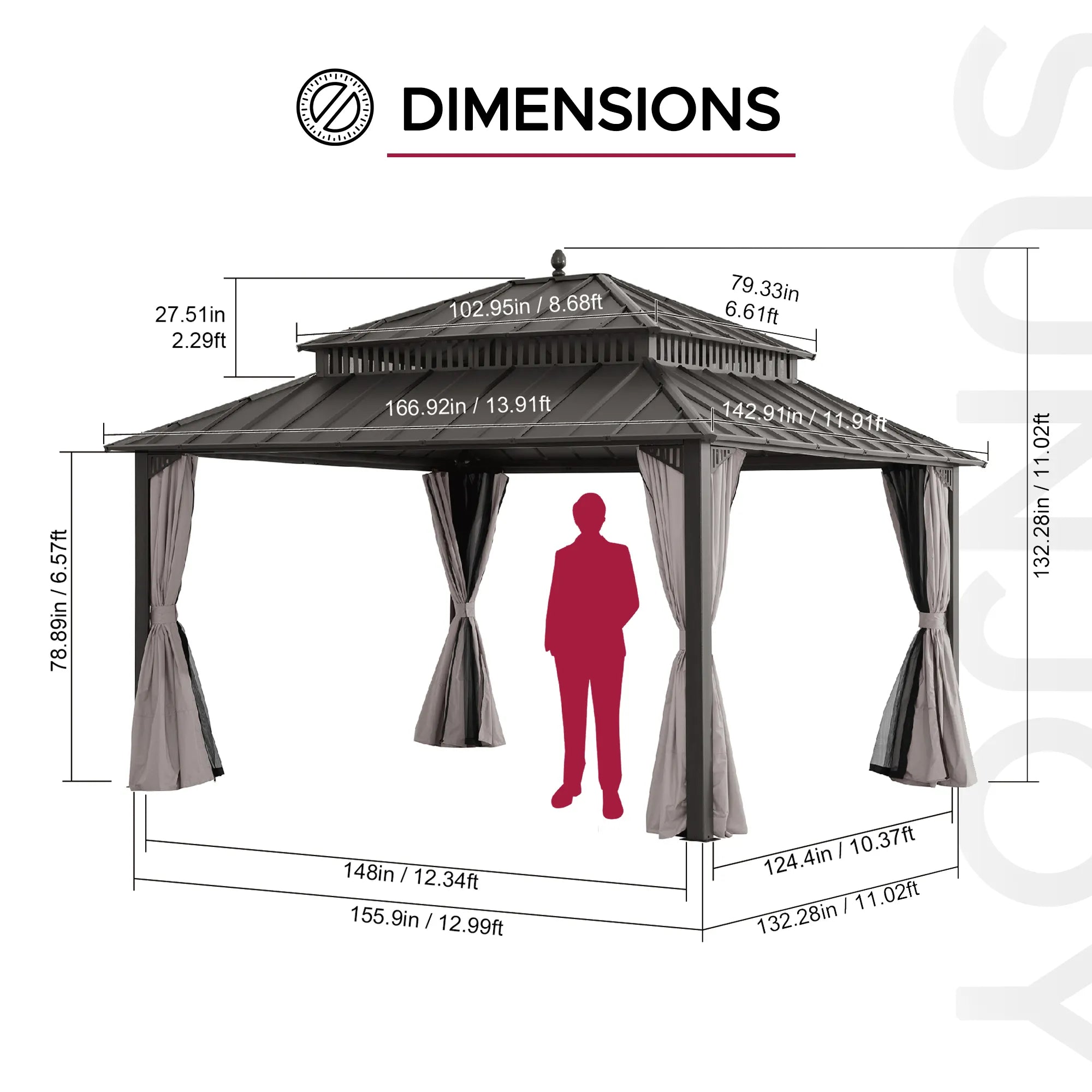 SUNJOY Kingston 12x14 Gazebo with Netting & Curtain | Steel Roof - Brown Aluminum Posts