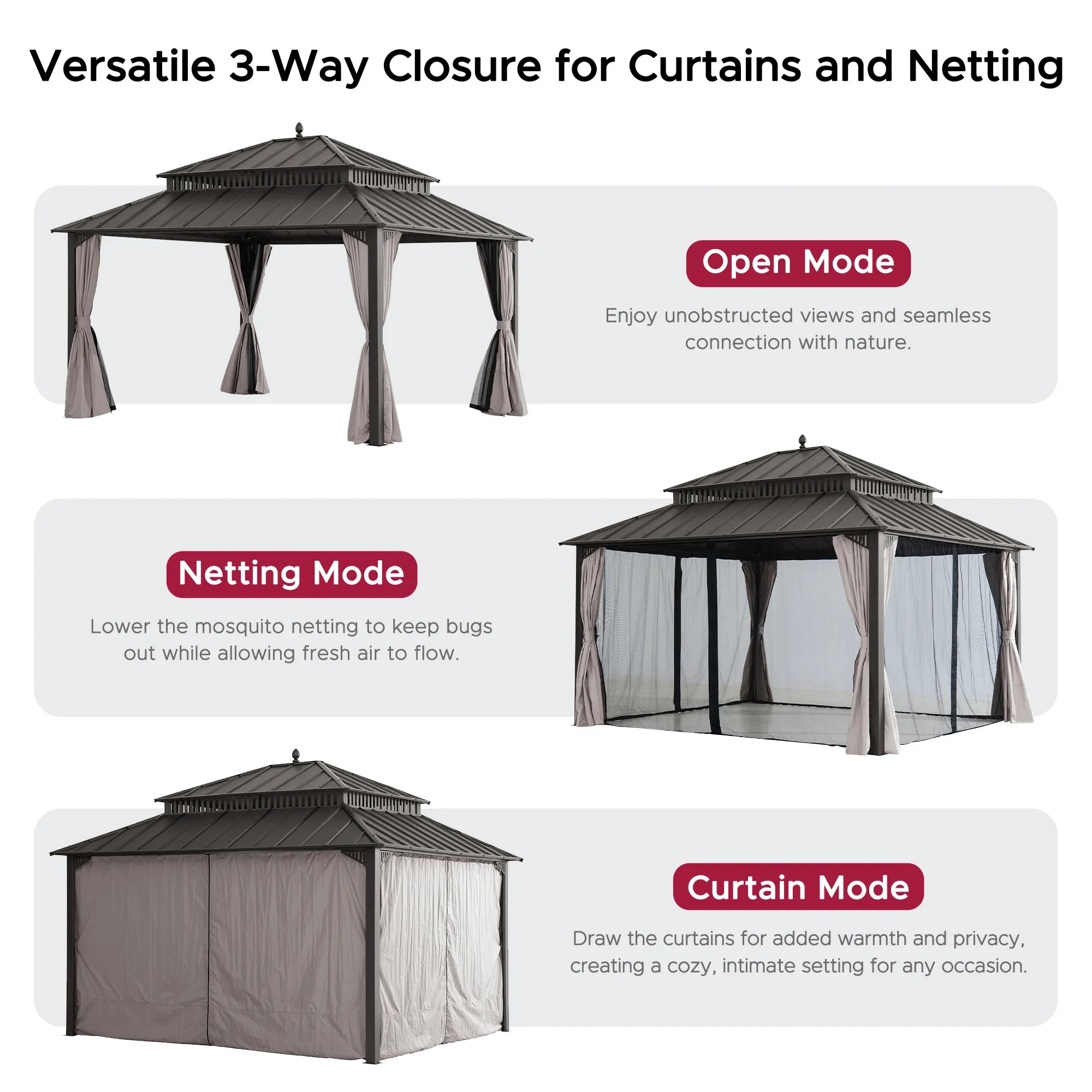 SUNJOY Kingston 12x14 Gazebo with Netting & Curtain | Steel Roof - Brown Aluminum Posts