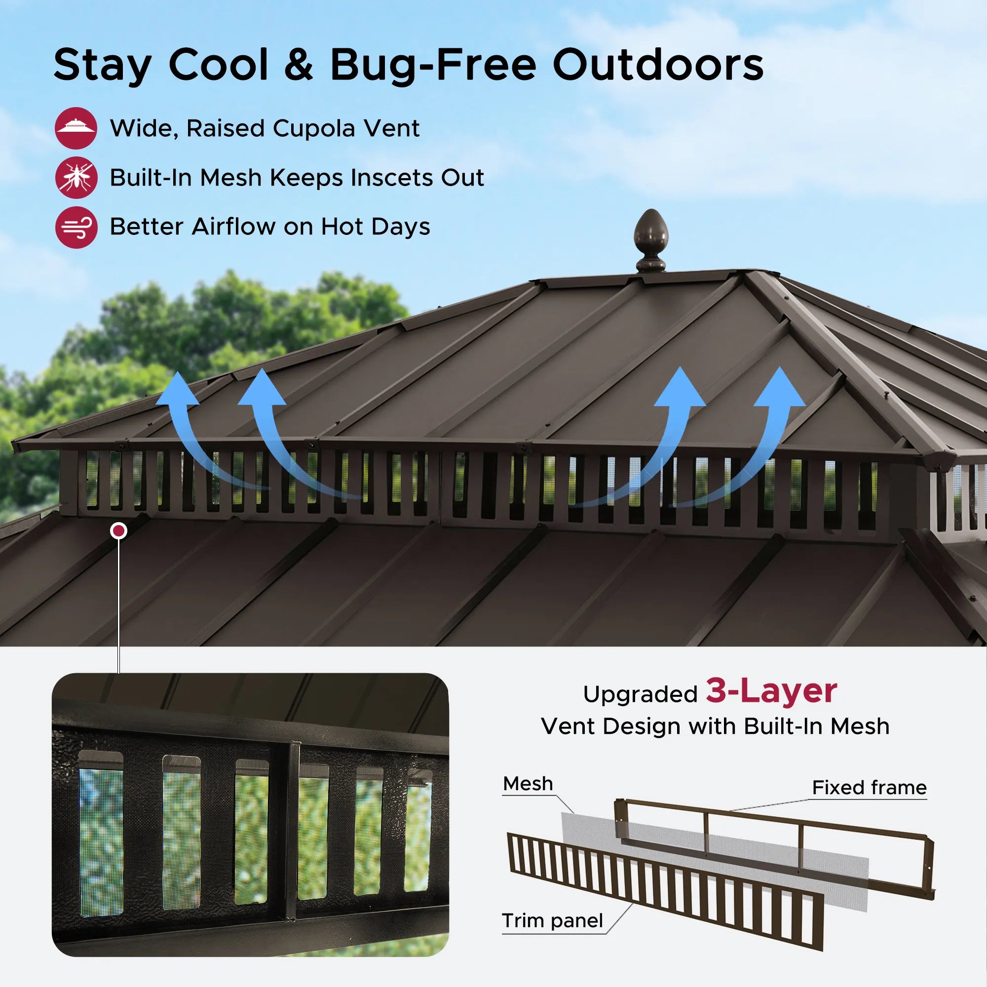SUNJOY Kingston 12x14 Gazebo with Netting & Curtain | Steel Roof - Brown Aluminum Posts