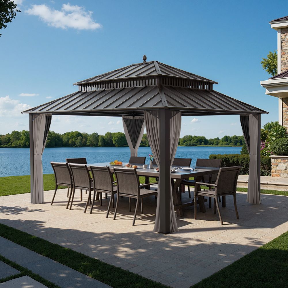 SUNJOY Kingston 12x14 Gazebo with Netting & Curtain | Steel Roof - Brown Aluminum Posts