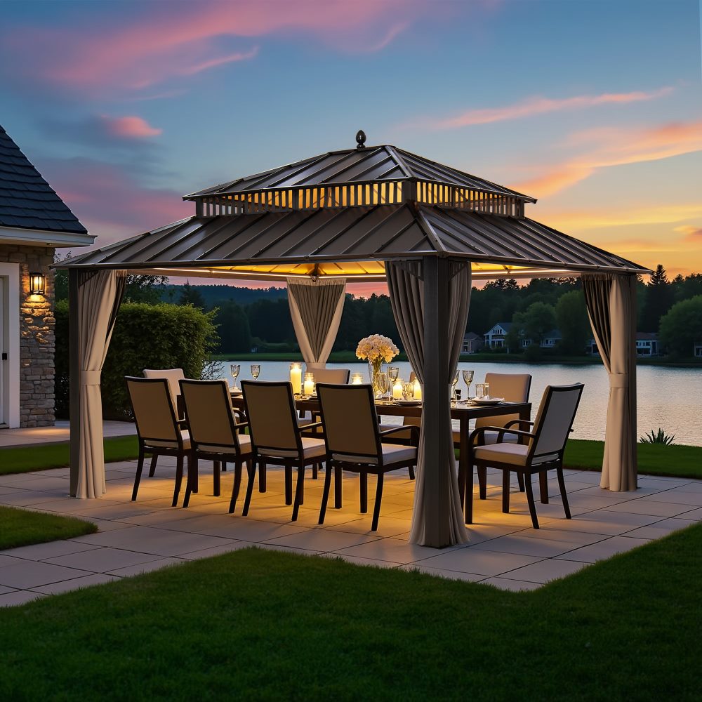 SUNJOY Kingston 12x14 Gazebo with Netting & Curtain | Steel Roof - Brown Aluminum Posts