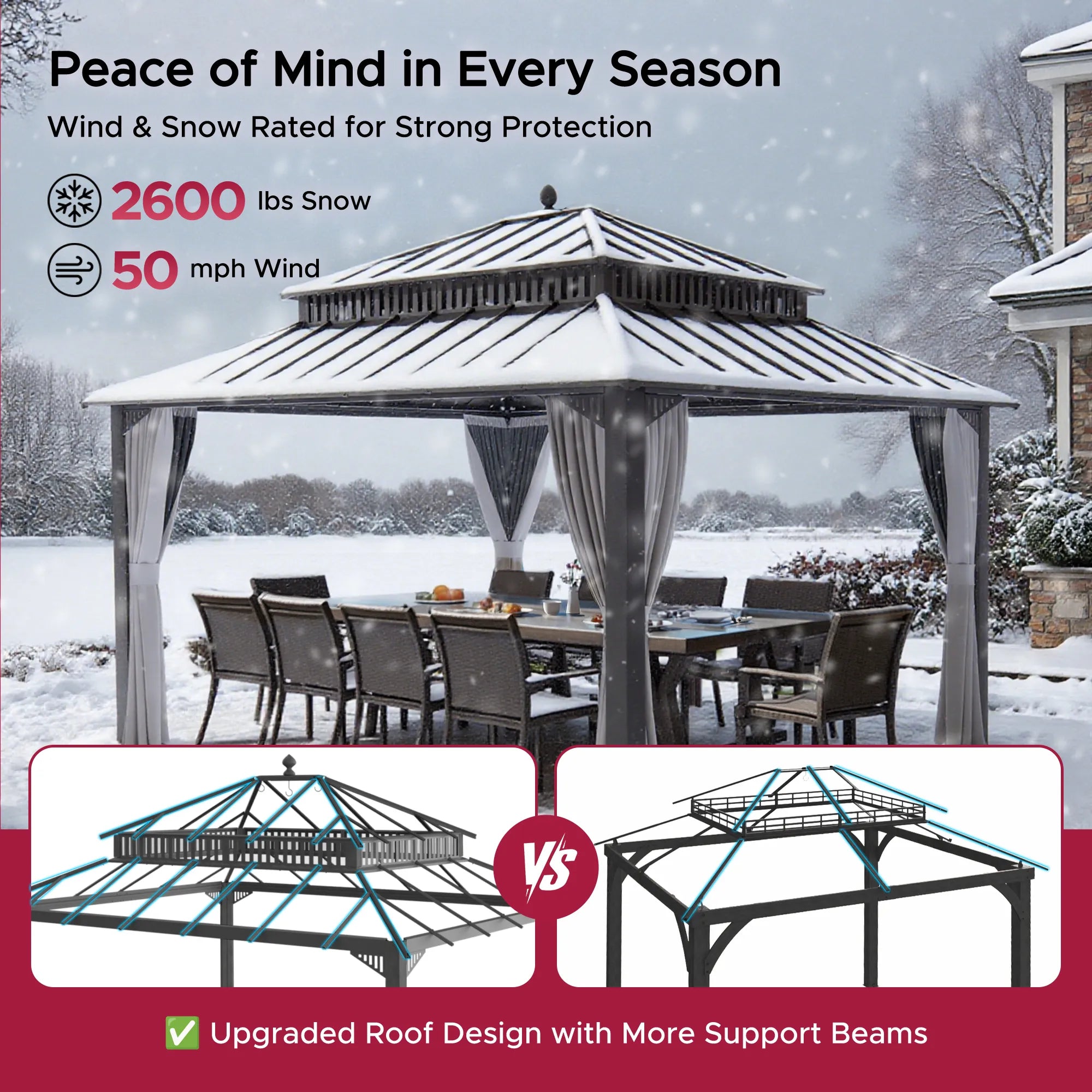 SUNJOY Kingston 12x14 Gazebo with Netting & Curtain | Steel Roof - Brown Aluminum Posts