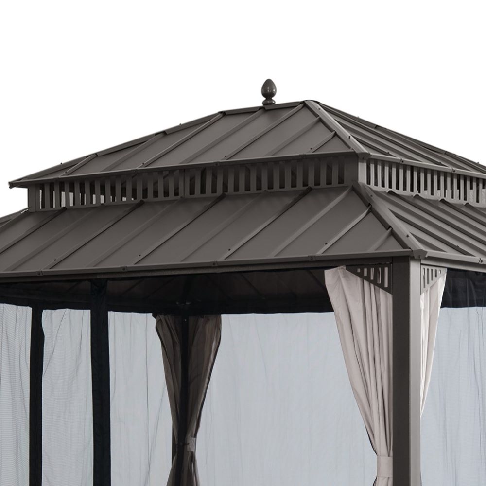 SUNJOY Kingston 12x14 Gazebo with Netting & Curtain | Steel Roof - Brown Aluminum Posts
