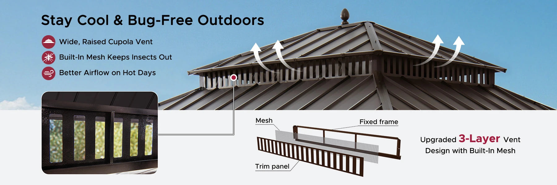 SUNJOY Kingston 12x14 Gazebo with Netting & Curtain | Steel Roof - Brown Aluminum Posts