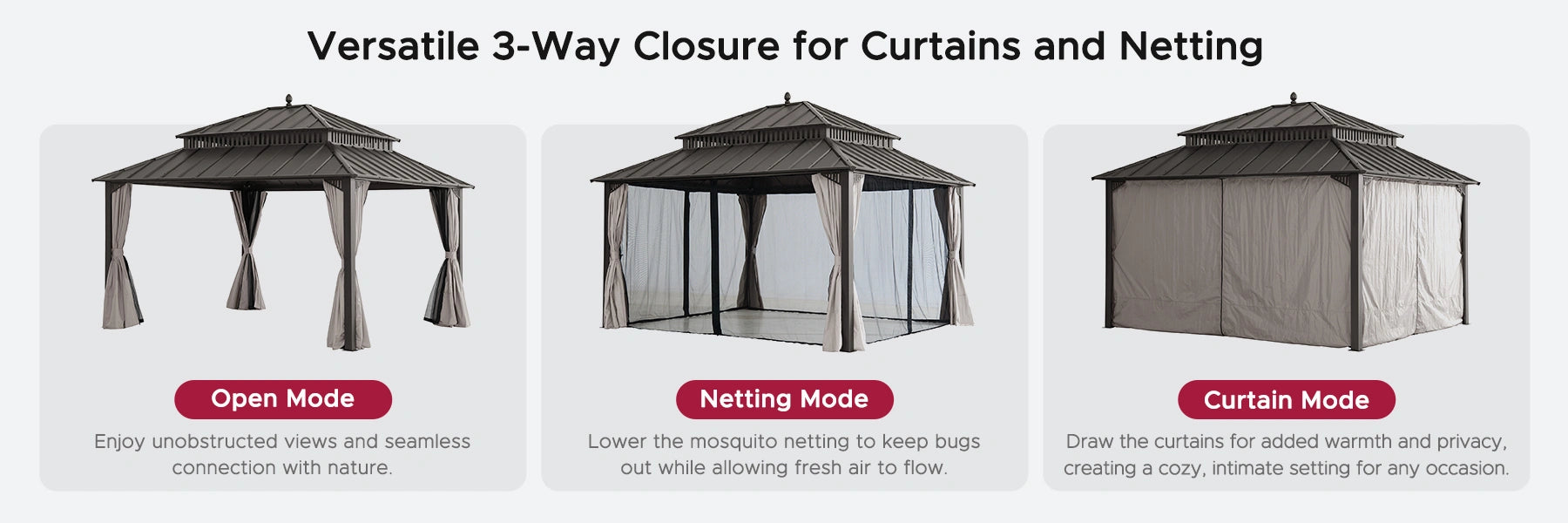 SUNJOY Kingston 12x14 Gazebo with Netting & Curtain | Steel Roof - Brown Aluminum Posts