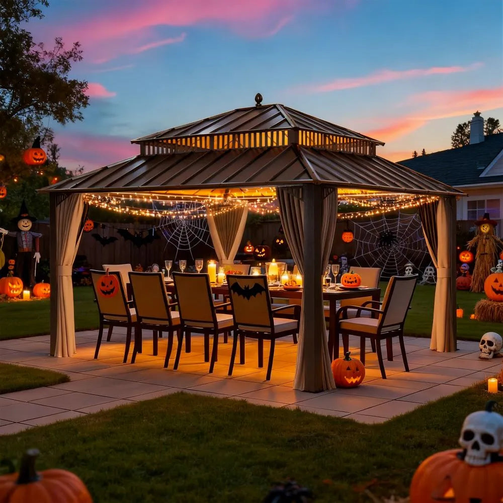 Halloween-themed outdoor gazebo with decorations and a table set for a meal.