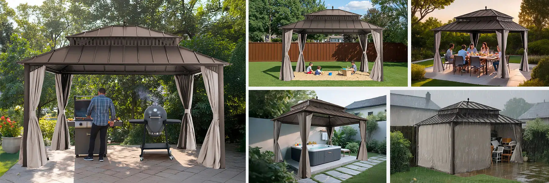 SUNJOY Kingston 12x14 Gazebo with Netting & Curtain | Steel Roof - Brown Aluminum Posts