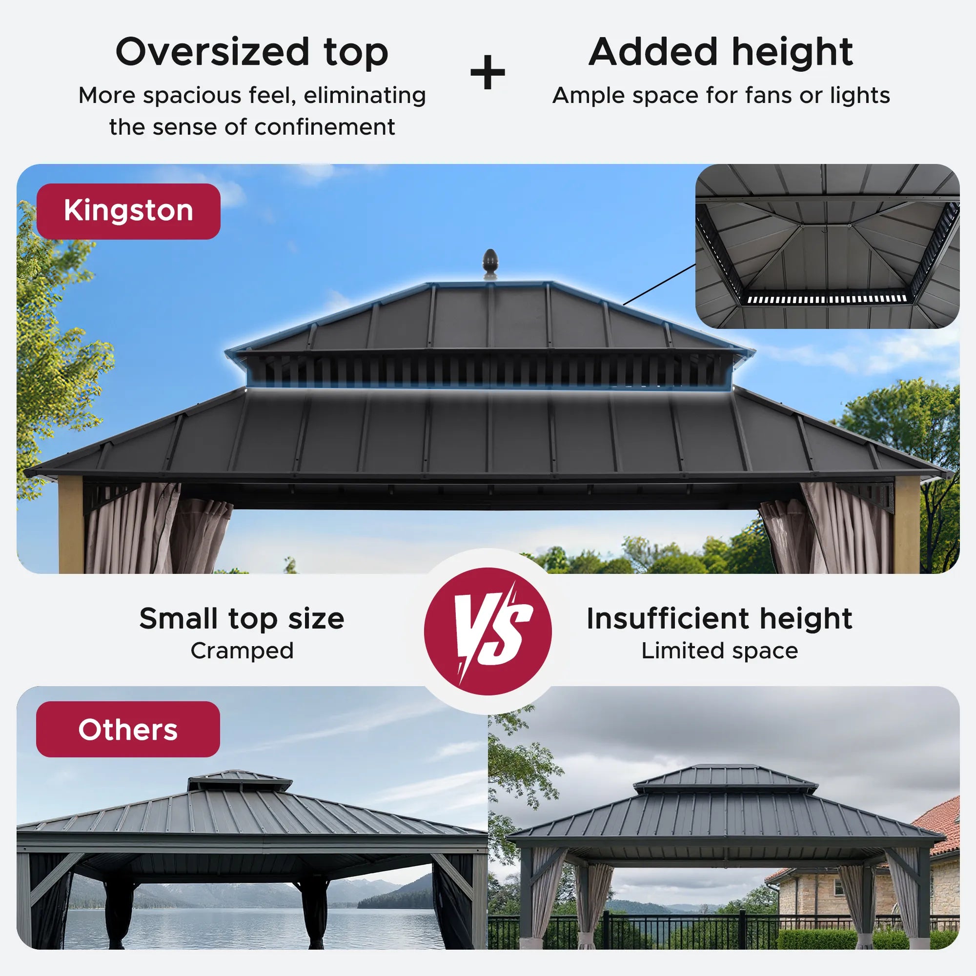 SUNJOY Kingston 12x14 Gazebo with Netting & Curtain | Steel Roof with Extra-Tall & Oversized Vent Top - Cedar Wood Posts
