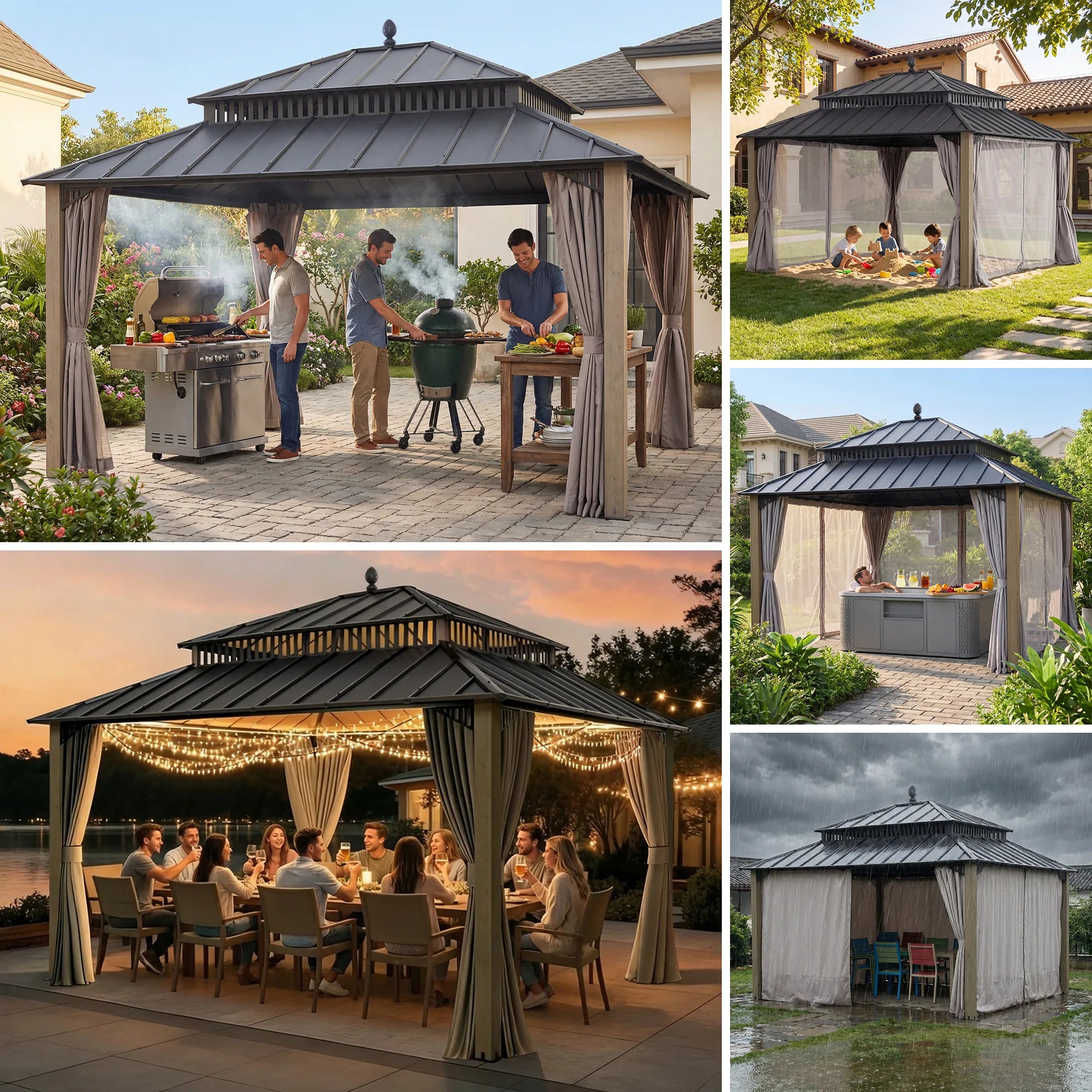 SUNJOY Kingston 12x14 Gazebo with Netting & Curtain | Steel Roof with Extra-Tall & Oversized Vent Top - Cedar Wood Posts