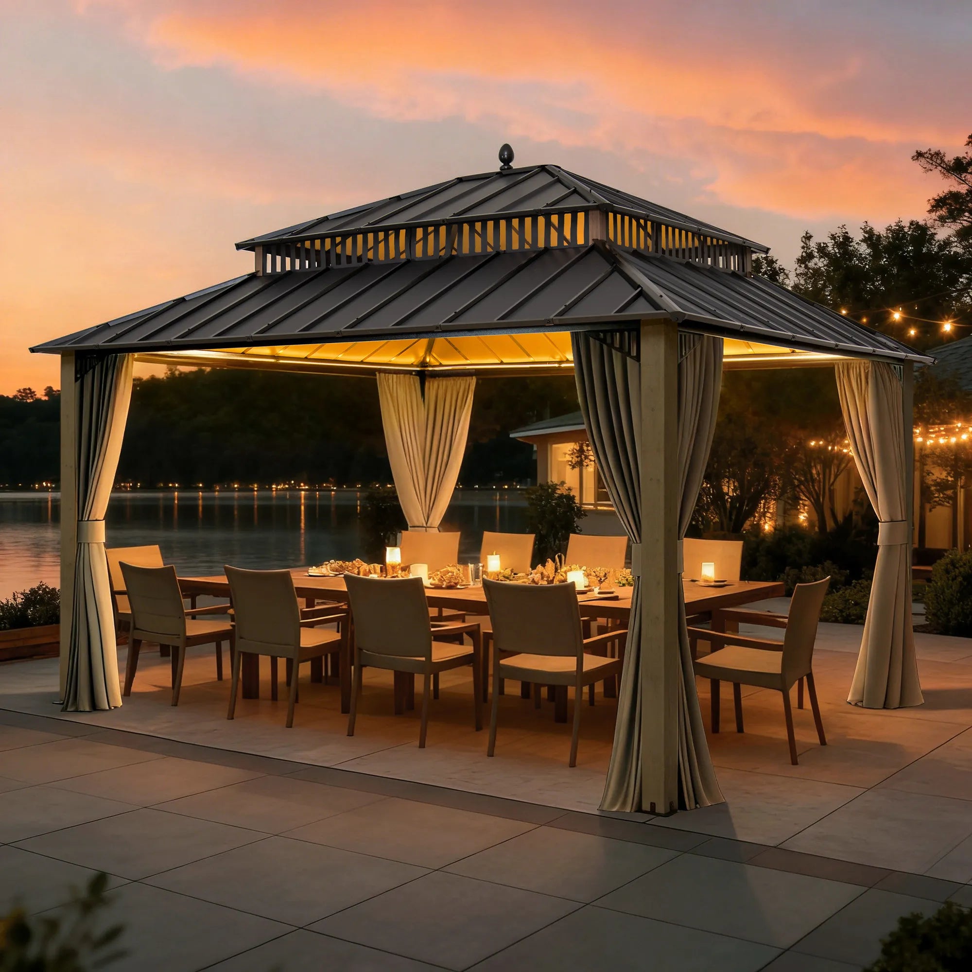 SUNJOY Kingston 12x14 Gazebo with Netting & Curtain | Steel Roof with Extra-Tall & Oversized Vent Top - Cedar Wood Posts