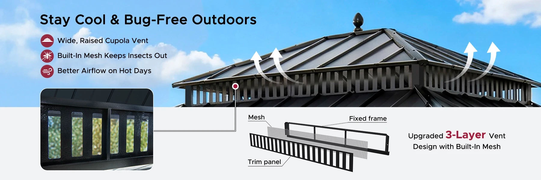 SUNJOY Kingston 12x14 Gazebo with Netting & Curtain | Steel Roof with Extra-Tall & Oversized Vent Top - Cedar Wood Posts