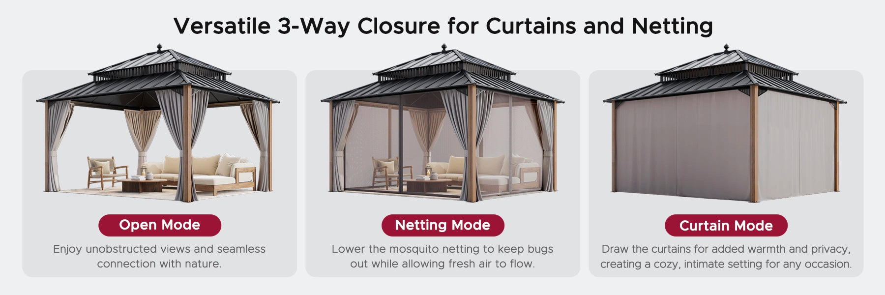 SUNJOY Kingston 12x14 Gazebo with Netting & Curtain | Steel Roof with Extra-Tall & Oversized Vent Top - Cedar Wood Posts