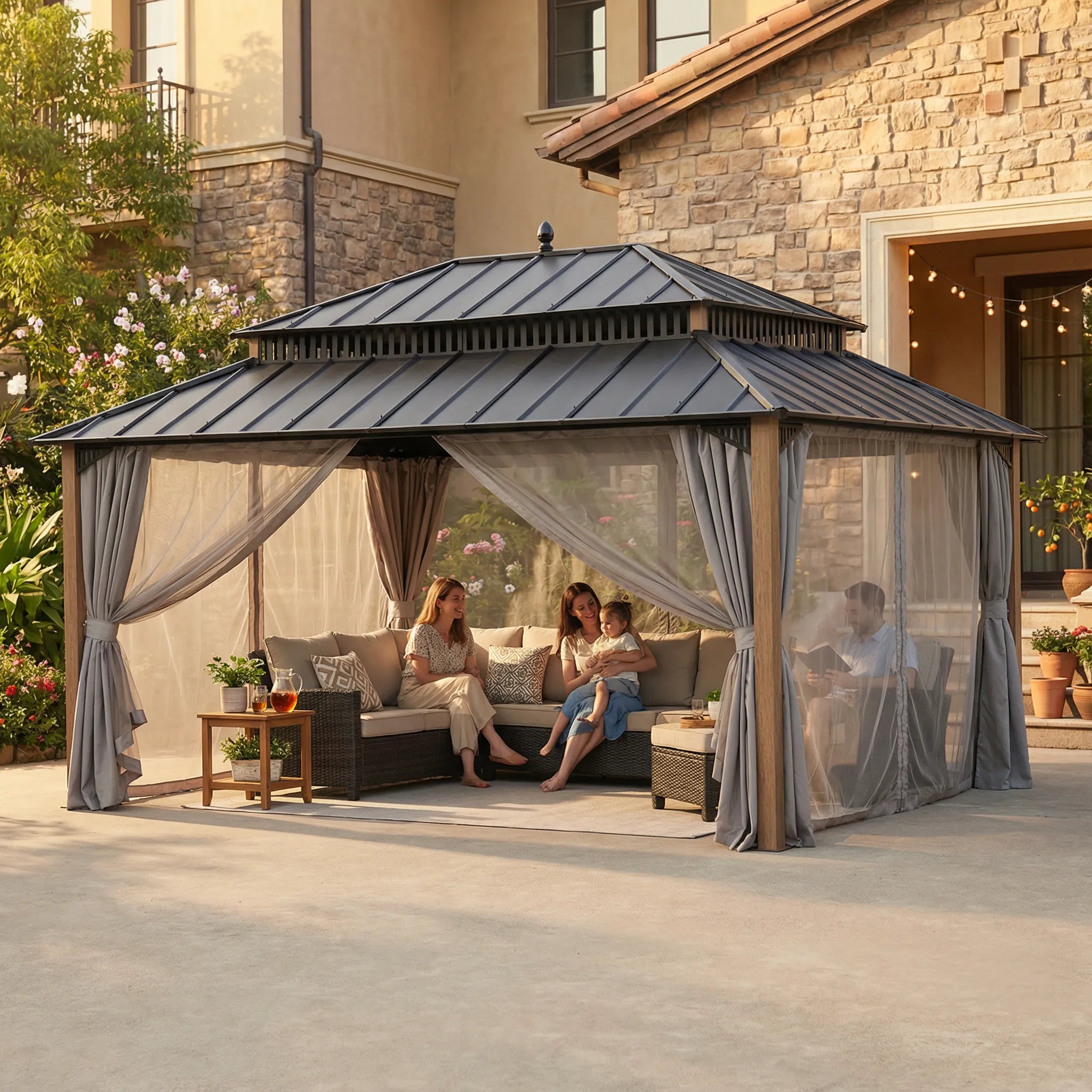 SUNJOY Kingston 12x16 Gazebo with Netting & Curtain | Steel Roof with Extra-Tall & Oversized Vent Top - Woodgrain Aluminum Posts