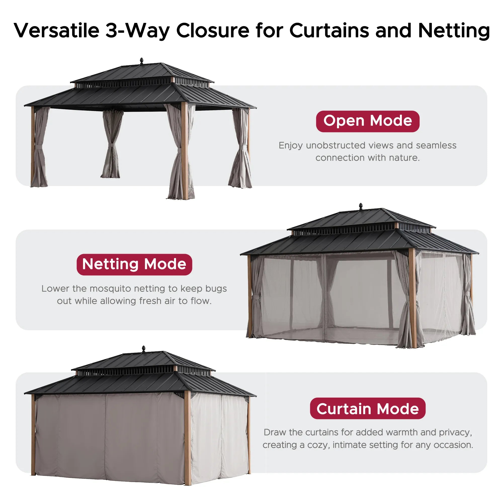 SUNJOY Kingston 12x16 Gazebo with Netting & Curtain | Steel Roof - Woodgrain Aluminum Posts
