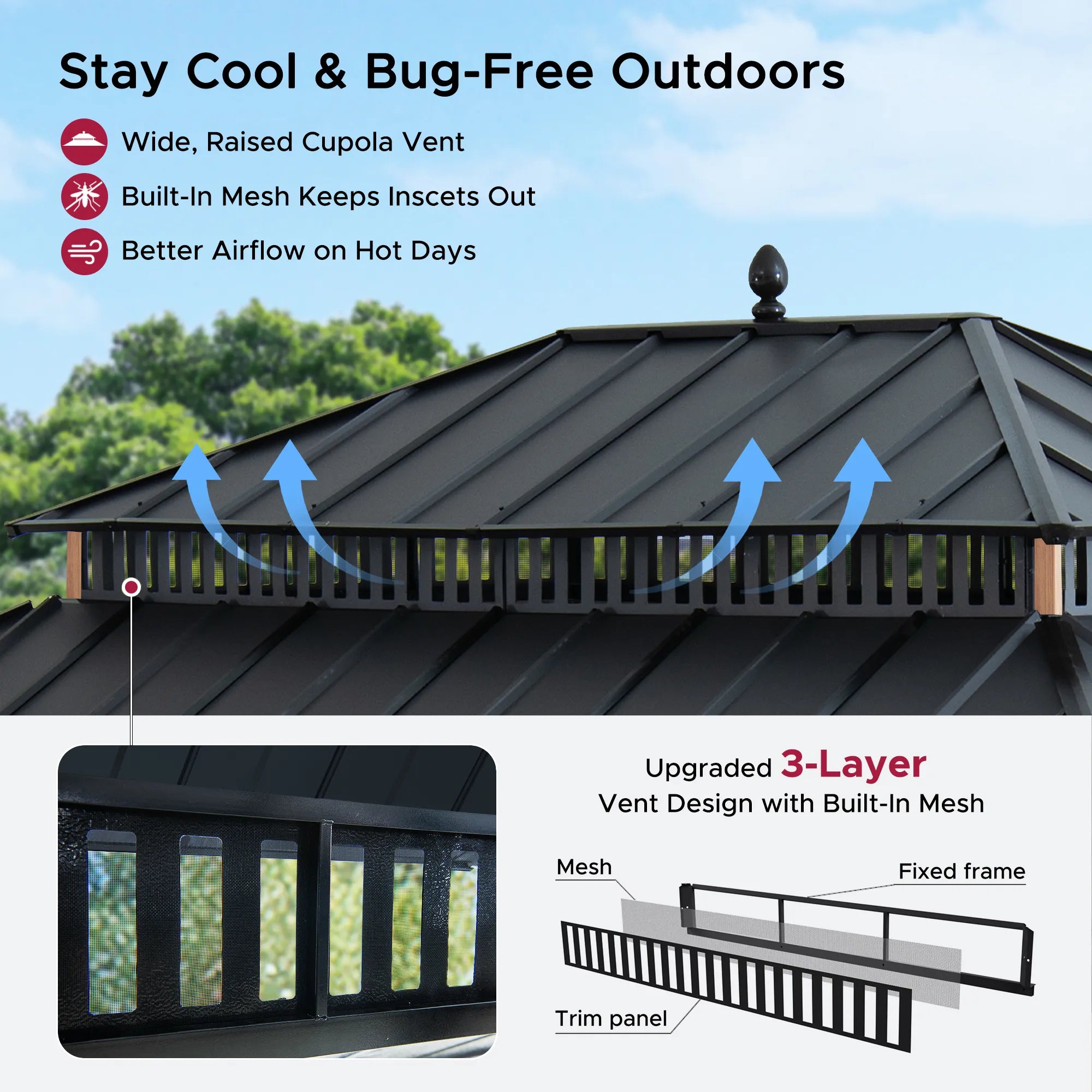 SUNJOY Kingston 12x16 Gazebo with Netting & Curtain | Steel Roof - Woodgrain Aluminum Posts