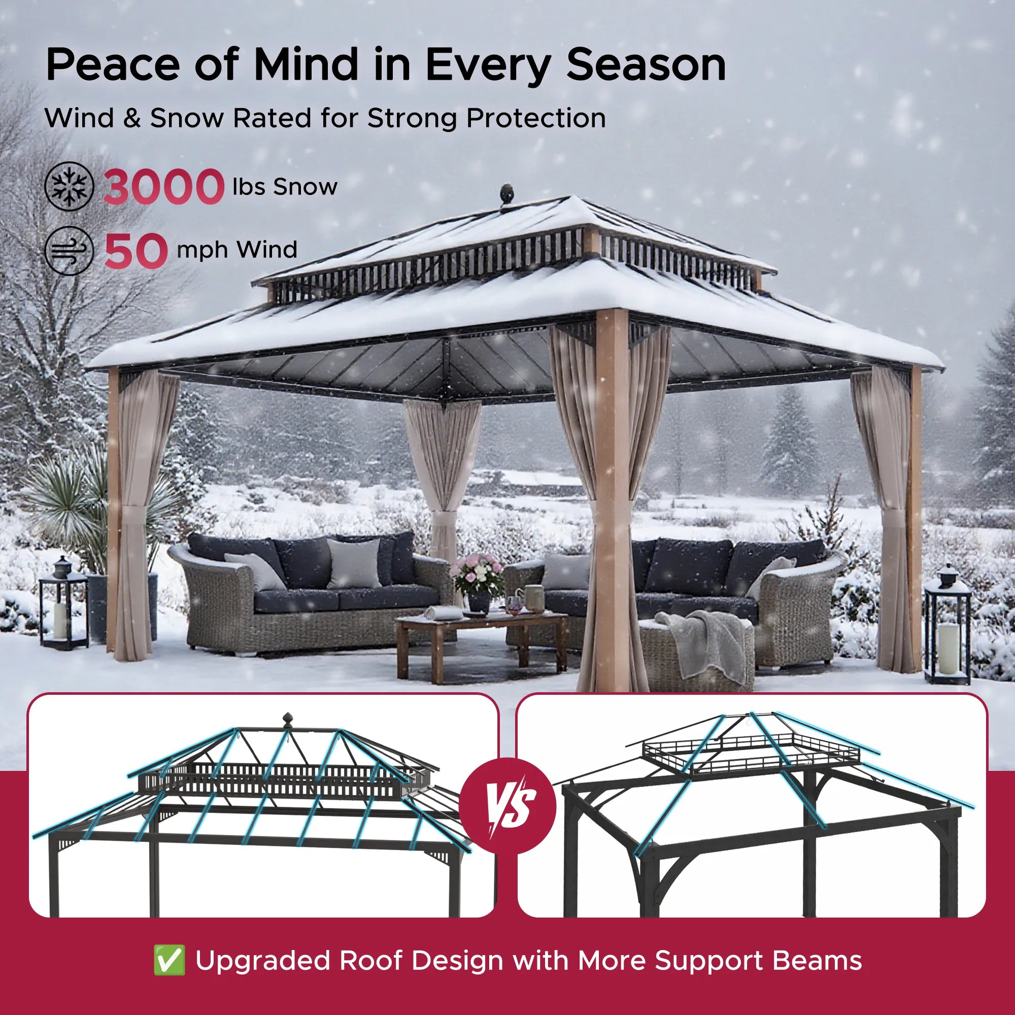 SUNJOY Kingston 12x16 Gazebo with Netting & Curtain | Steel Roof - Woodgrain Aluminum Posts