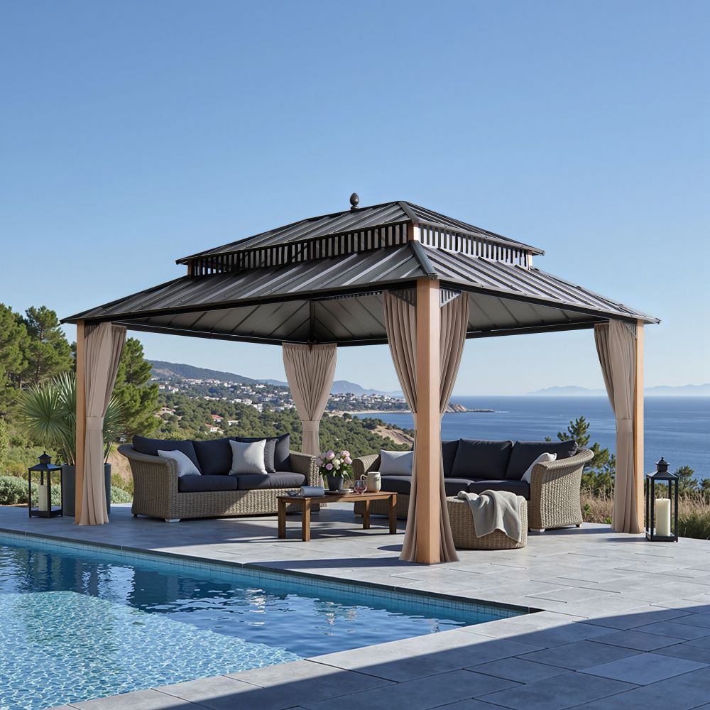 SUNJOY Kingston 12x16 Gazebo with Netting & Curtain | Steel Roof - Woodgrain Aluminum Posts (Copy)