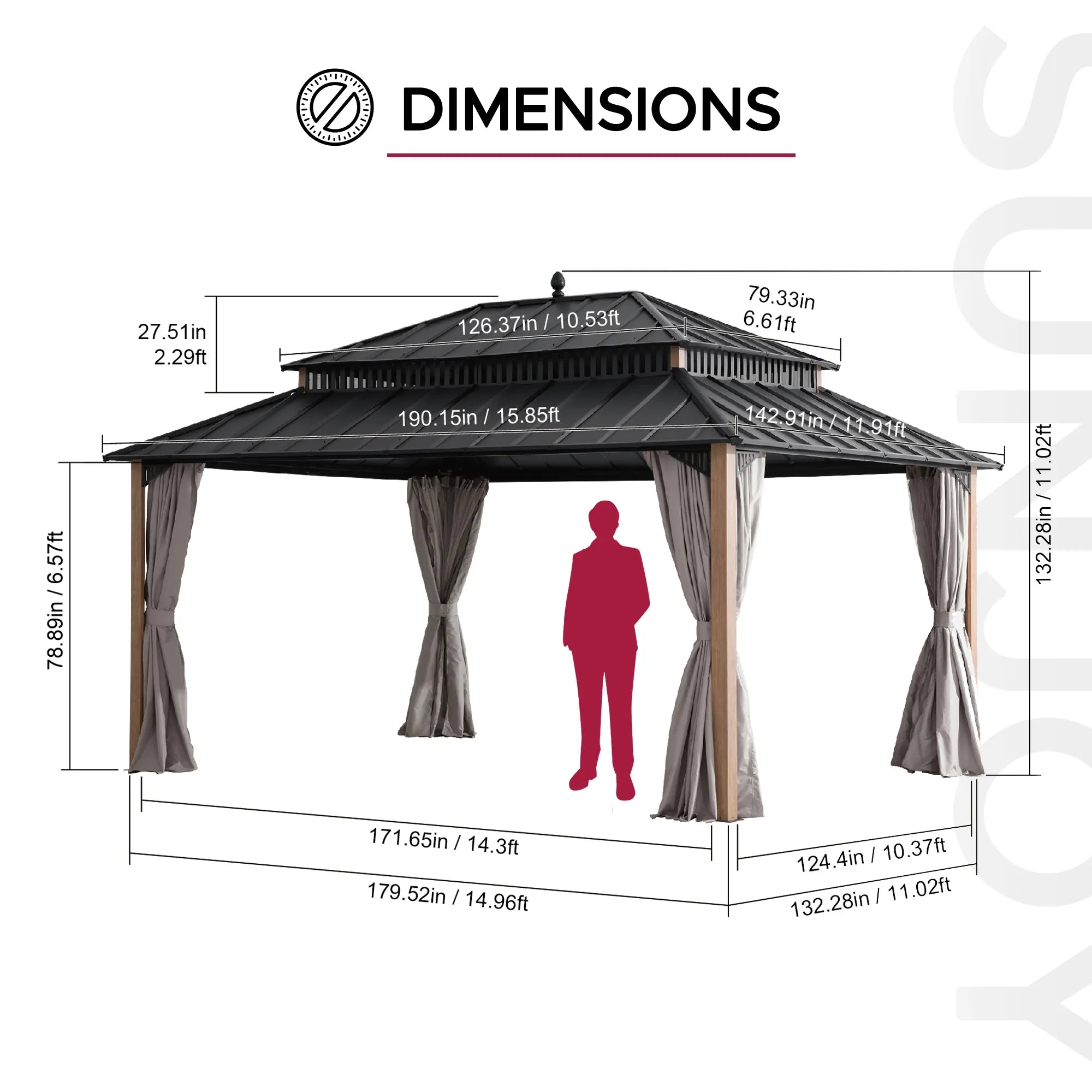 SUNJOY Kingston 12x16 Gazebo with Netting & Curtain | Steel Roof - Woodgrain Aluminum Posts