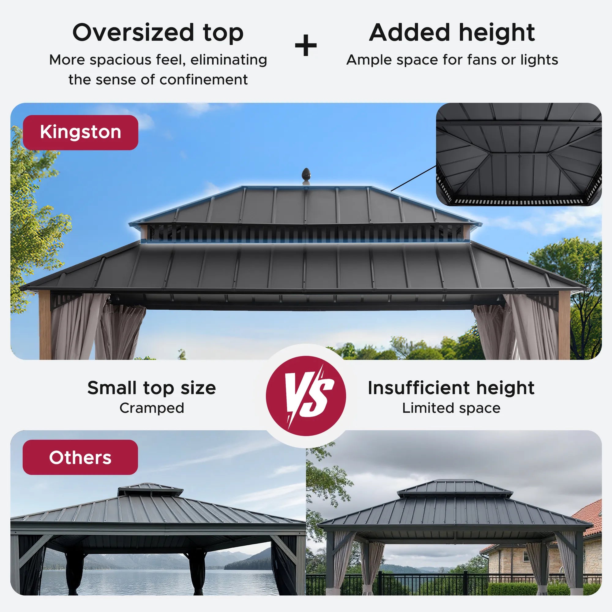 SUNJOY Kingston 12x16 Gazebo with Netting & Curtain | Steel Roof - Woodgrain Aluminum Posts
