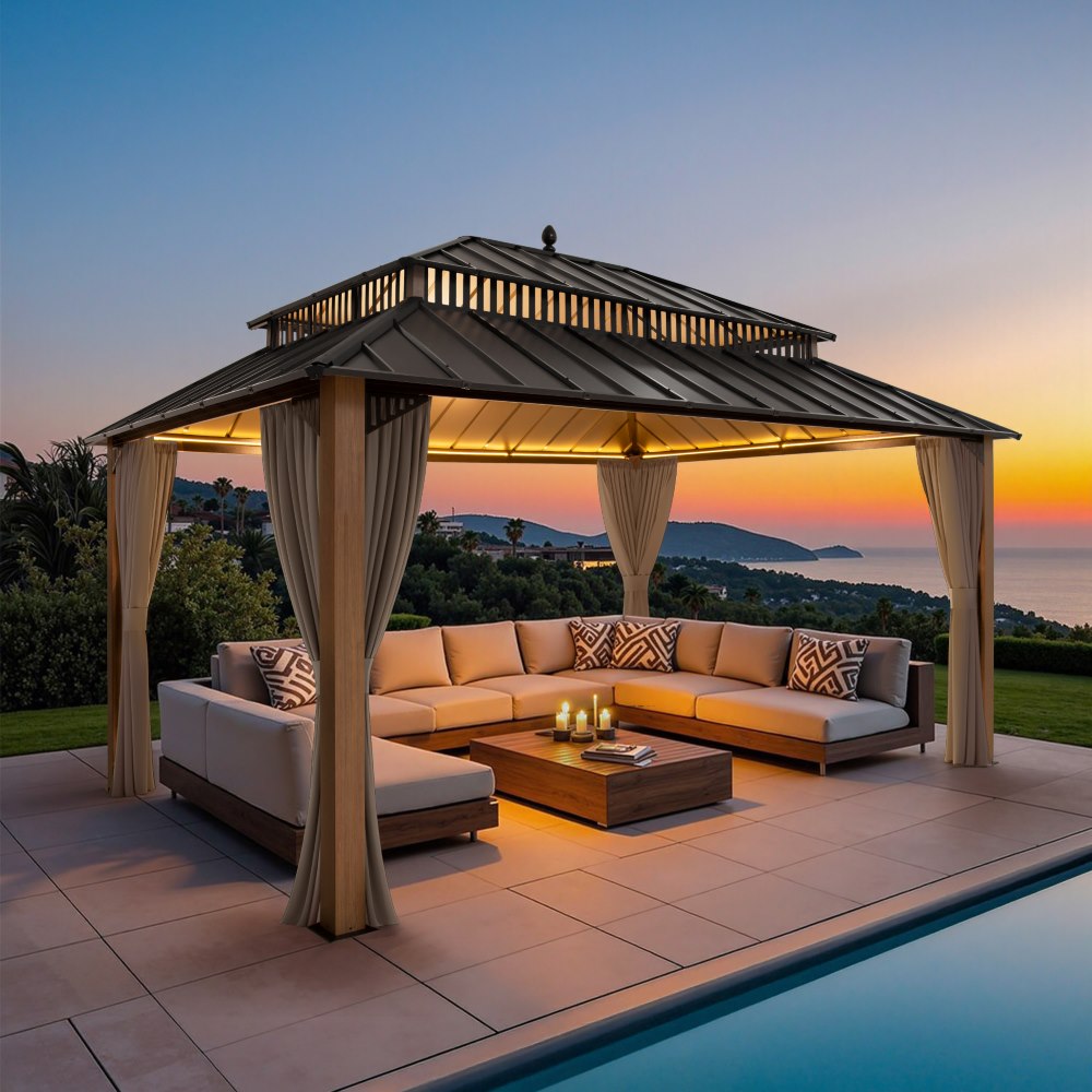 SUNJOY Kingston 12x16 Gazebo with Netting & Curtain | Steel Roof - Woodgrain Aluminum Posts (Copy)