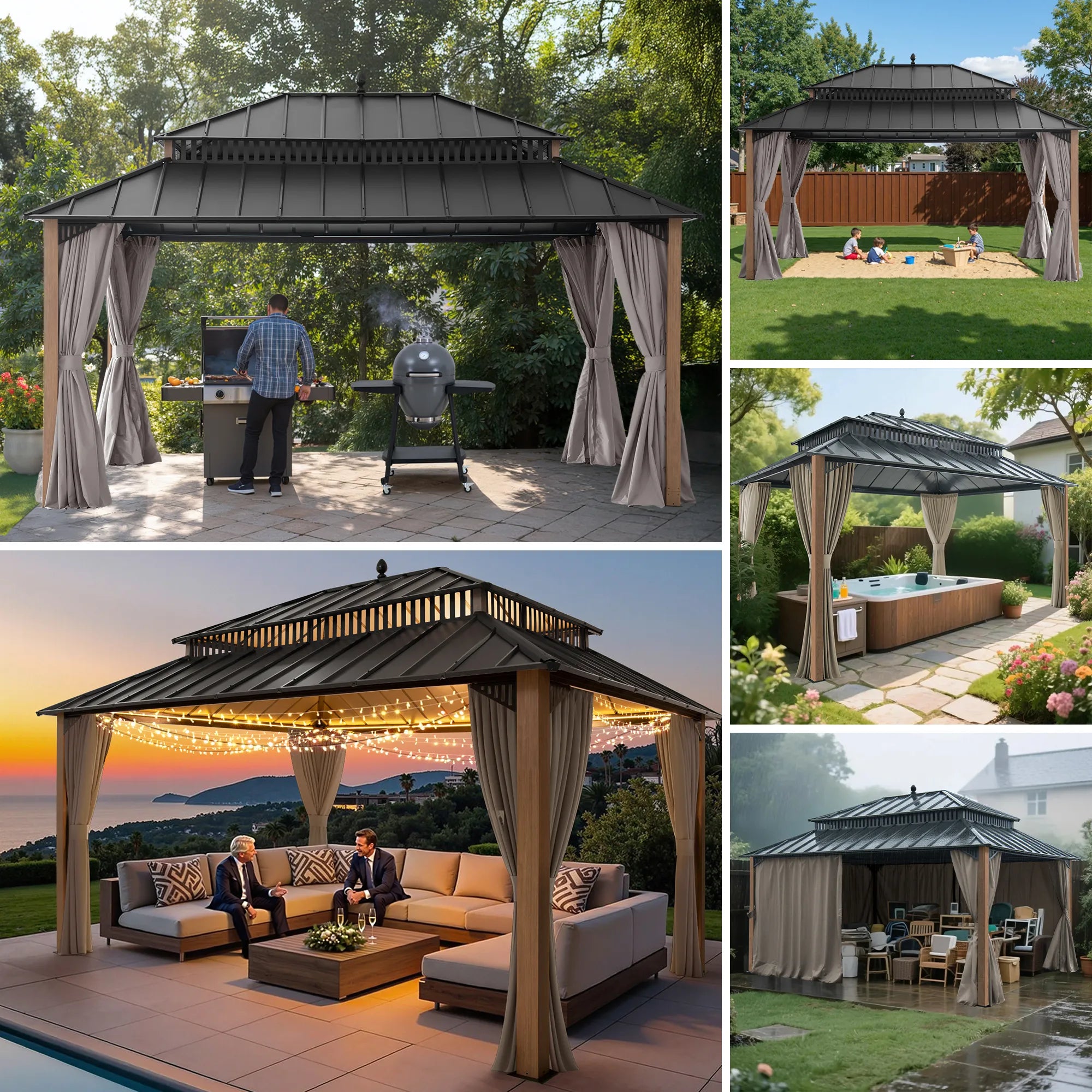 SUNJOY Kingston 12x16 Gazebo with Netting & Curtain | Steel Roof - Woodgrain Aluminum Posts