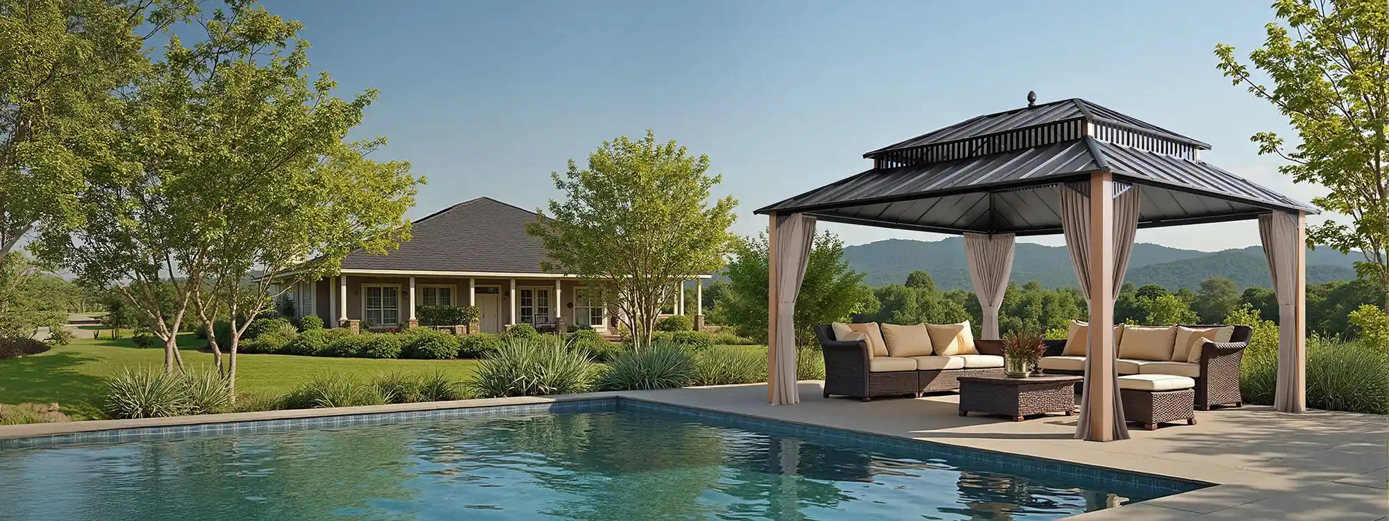 SUNJOY Kingston 12x16 Gazebo with Netting & Curtain | Steel Roof - Woodgrain Aluminum Posts