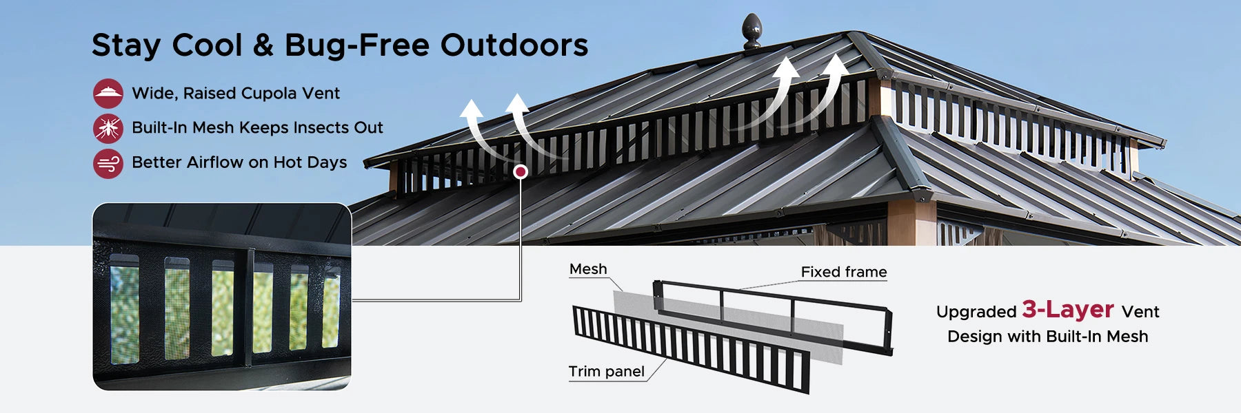 SUNJOY Kingston 12x16 Gazebo with Netting & Curtain | Steel Roof - Woodgrain Aluminum Posts