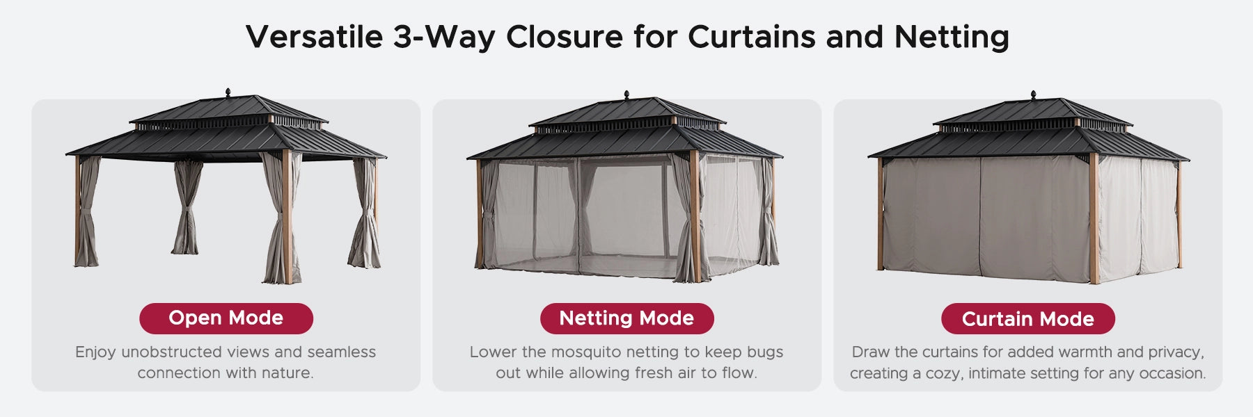 SUNJOY Kingston 12x16 Gazebo with Netting & Curtain | Steel Roof - Woodgrain Aluminum Posts