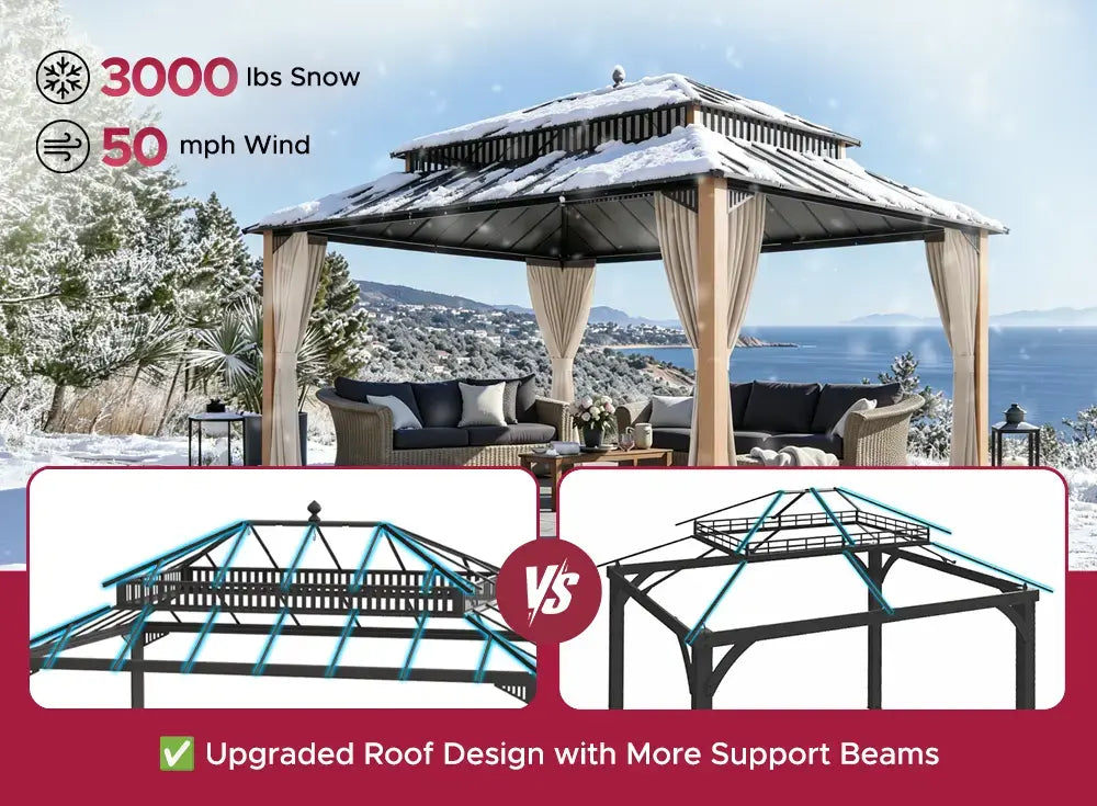 SUNJOY Kingston 12x16 Gazebo with Netting & Curtain | Steel Roof - Woodgrain Aluminum Posts