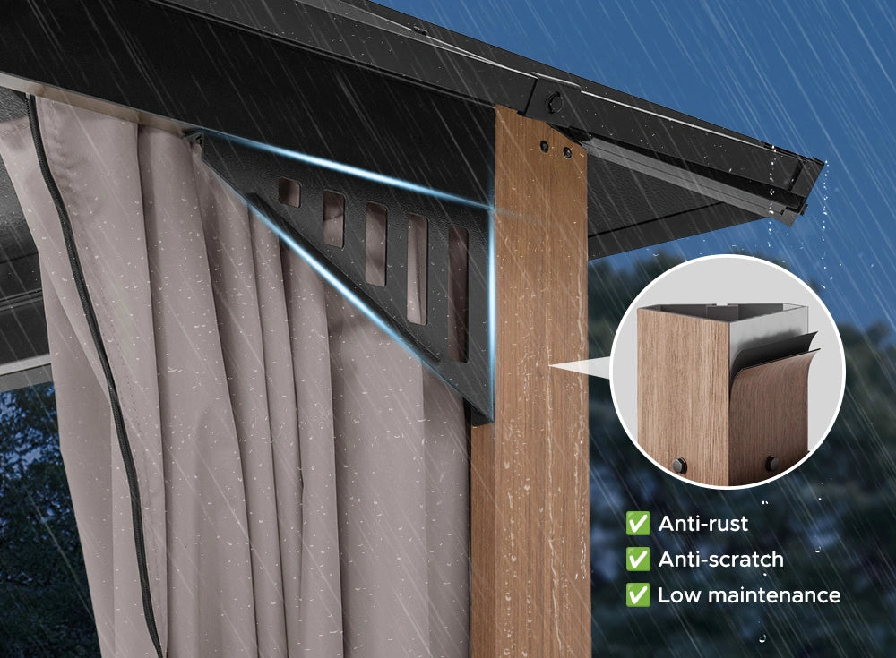 SUNJOY Kingston 12x16 Gazebo with Netting & Curtain | Steel Roof - Woodgrain Aluminum Posts