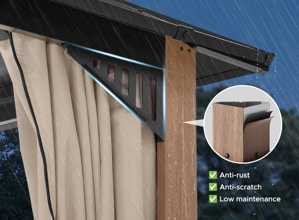 SUNJOY Kingston 12x16 Gazebo with Netting & Curtain | Steel Roof - Woodgrain Aluminum Posts