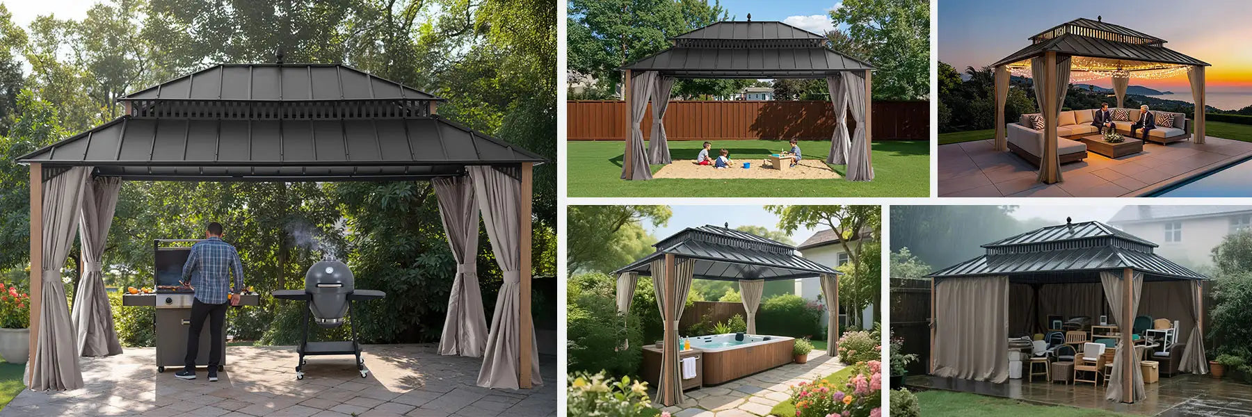 SUNJOY Kingston 12x16 Gazebo with Netting & Curtain | Steel Roof - Woodgrain Aluminum Posts