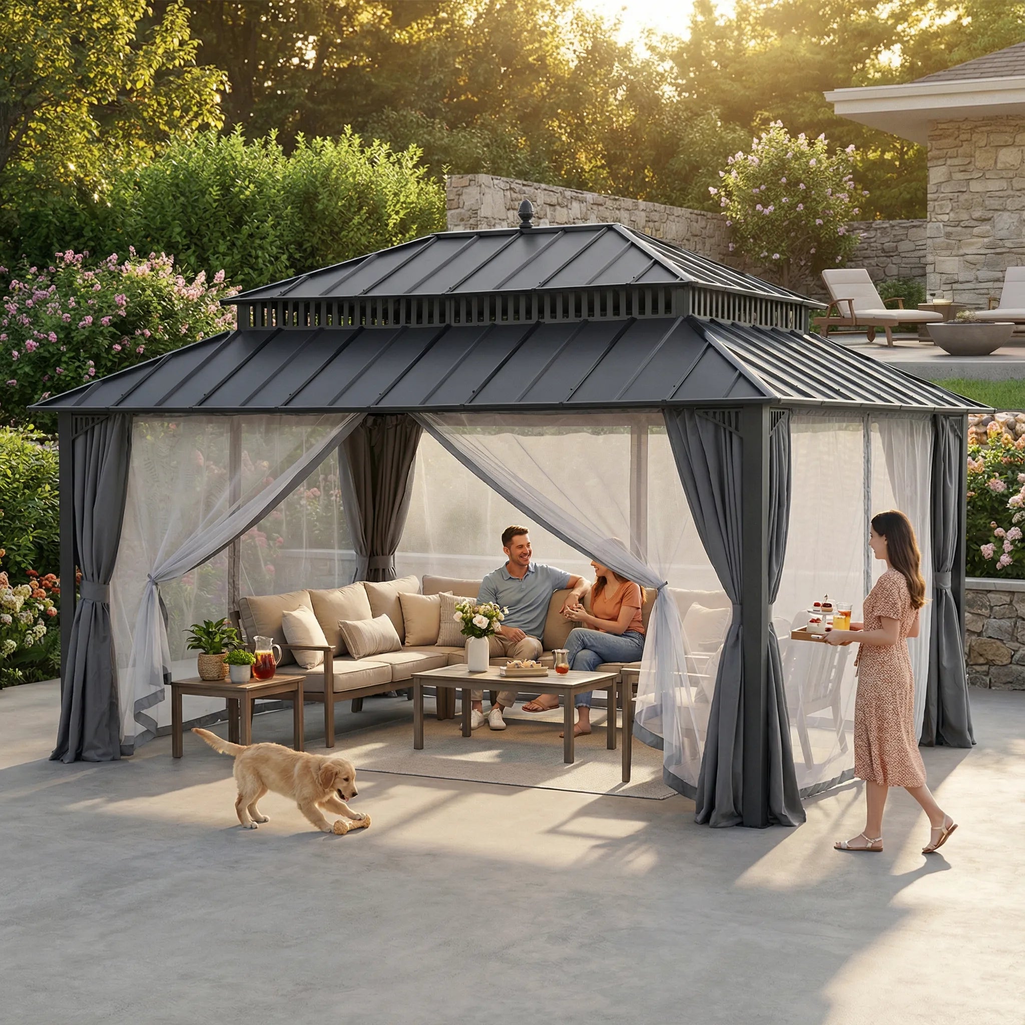 SUNJOY Kingston 12x16 Gazebo with Netting & Curtain | Steel Roof with Extra-Tall & Oversized Vent Top - Gray Aluminum Posts