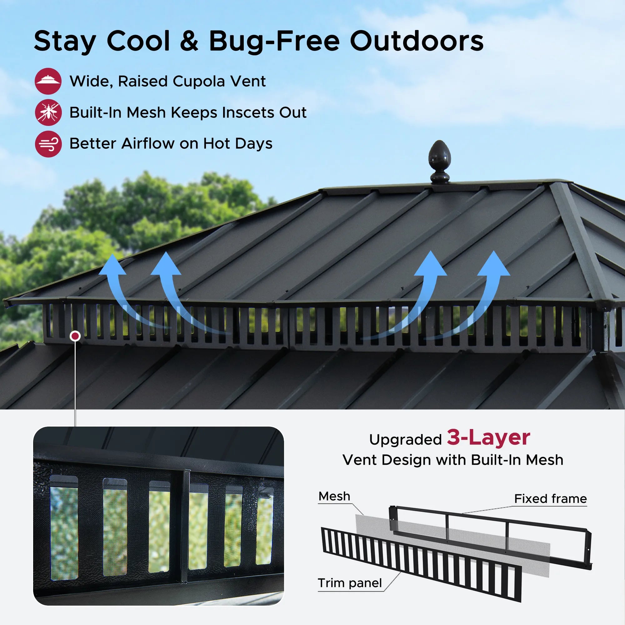 SUNJOY Kingston 12x16 Gazebo with Netting & Curtain | Steel Roof - Gray Aluminum Posts