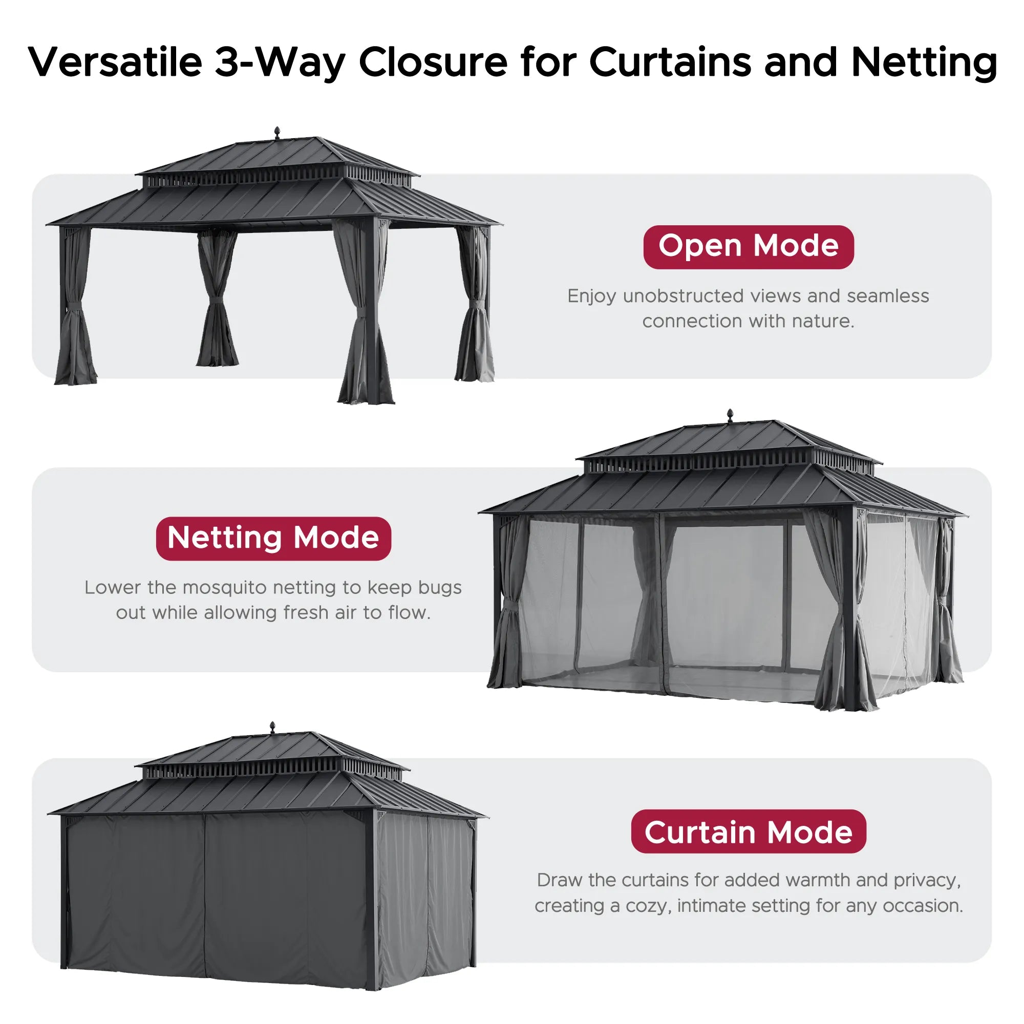 SUNJOY Kingston 12x16 Gazebo with Netting & Curtain | Steel Roof - Gray Aluminum Posts