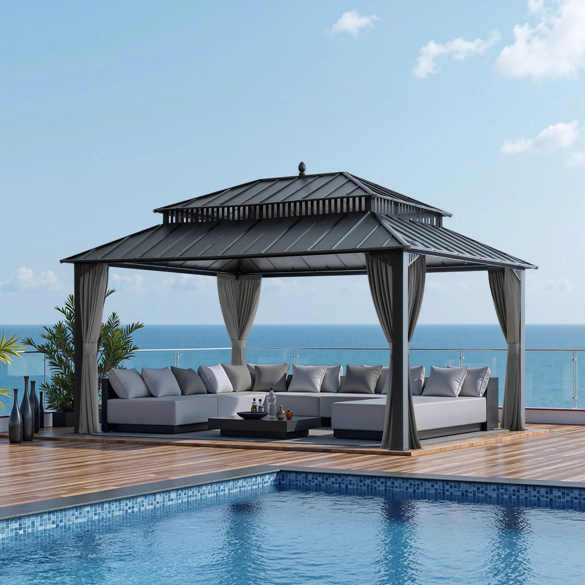 SUNJOY Kingston 12x16 Gazebo with Netting & Curtain | Steel Roof - Gray Aluminum Posts