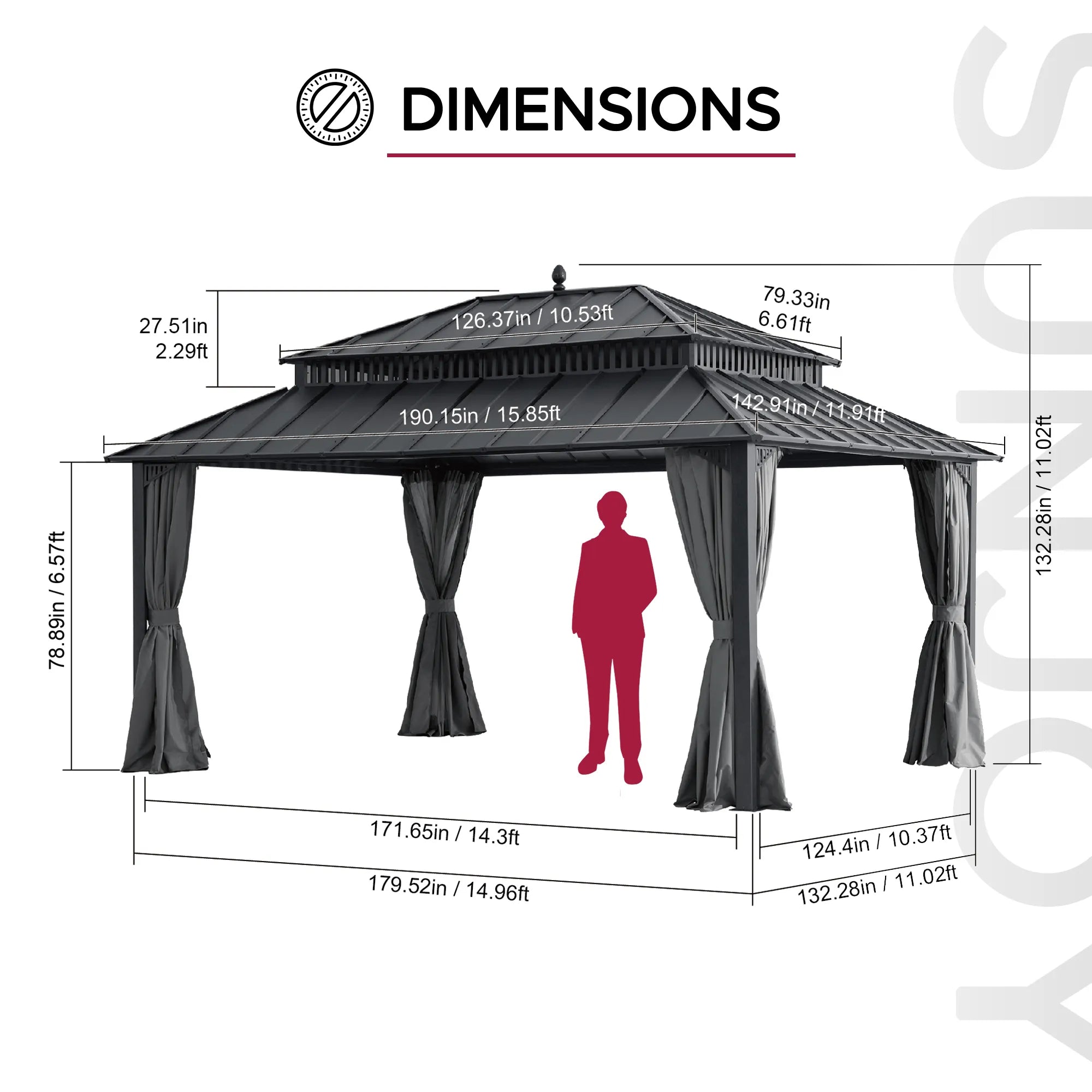 SUNJOY Kingston 12x16 Gazebo with Netting & Curtain | Steel Roof - Gray Aluminum Posts
