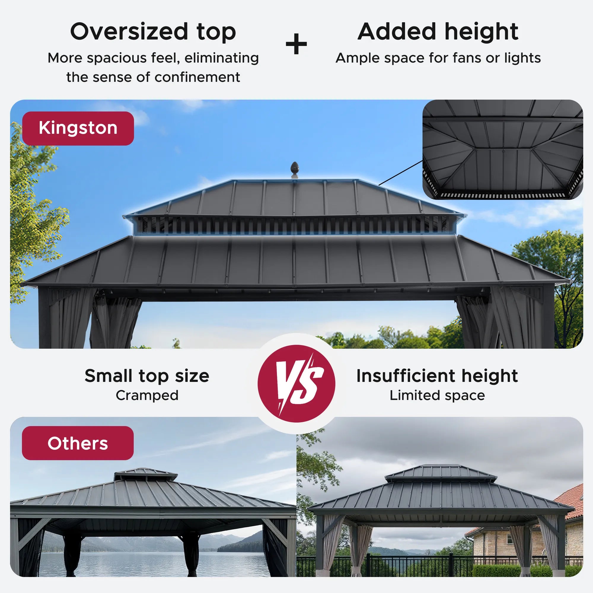 SUNJOY Kingston 12x16 Gazebo with Netting & Curtain | Steel Roof - Gray Aluminum Posts