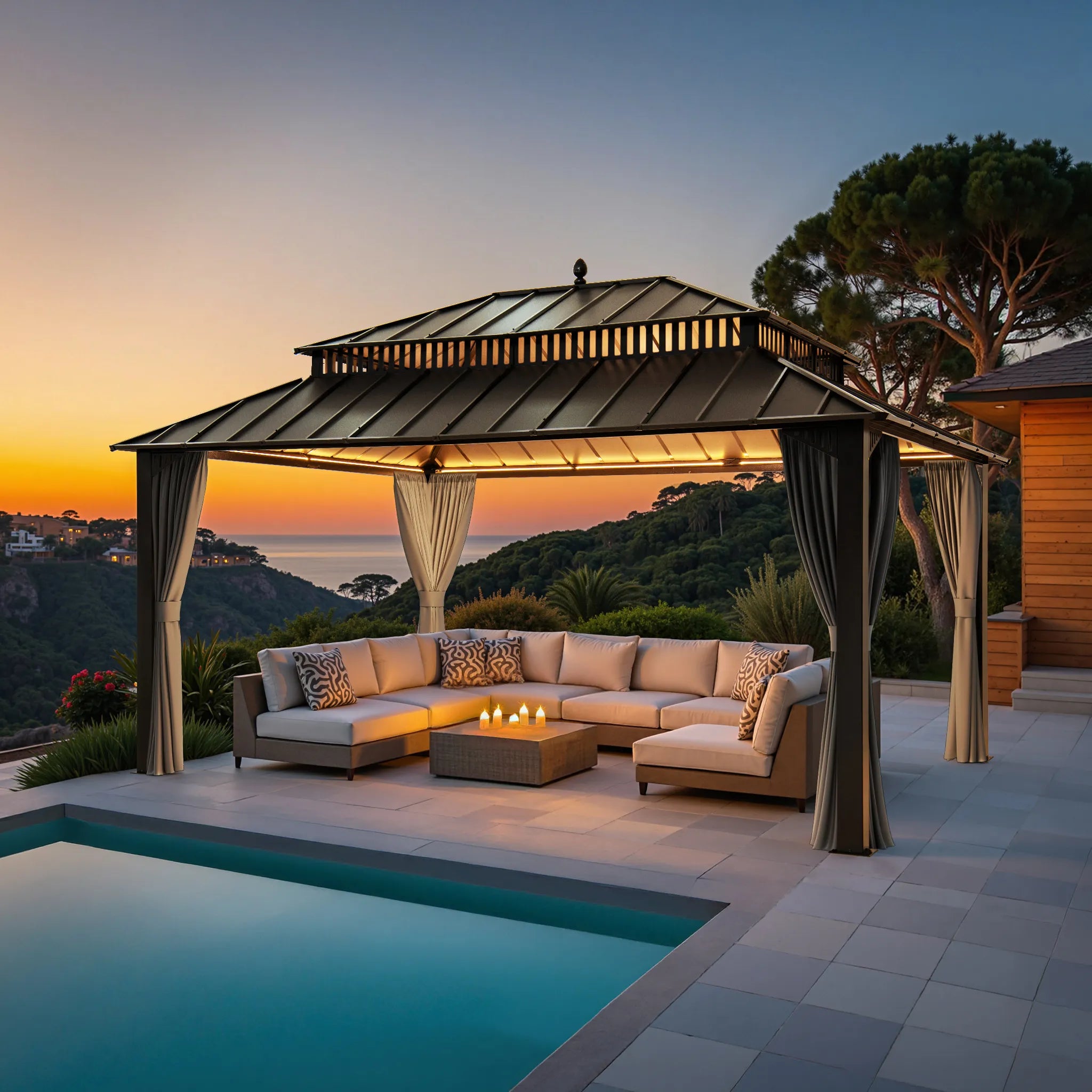 SUNJOY Kingston 12x16 Gazebo with Netting & Curtain | Steel Roof - Gray Aluminum Posts