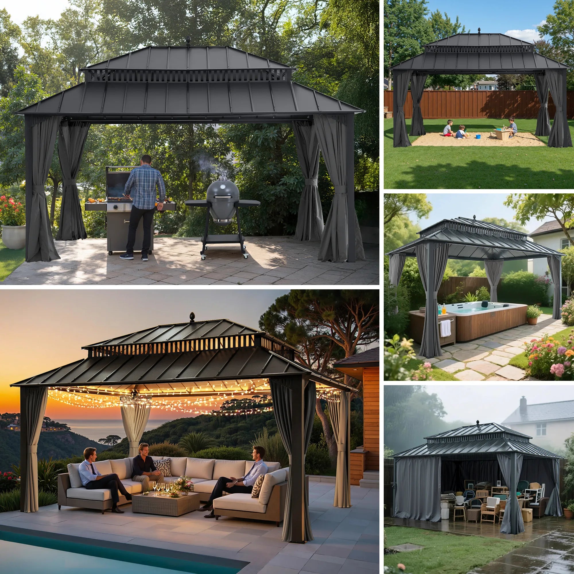 SUNJOY Kingston 12x16 Gazebo with Netting & Curtain | Steel Roof - Gray Aluminum Posts