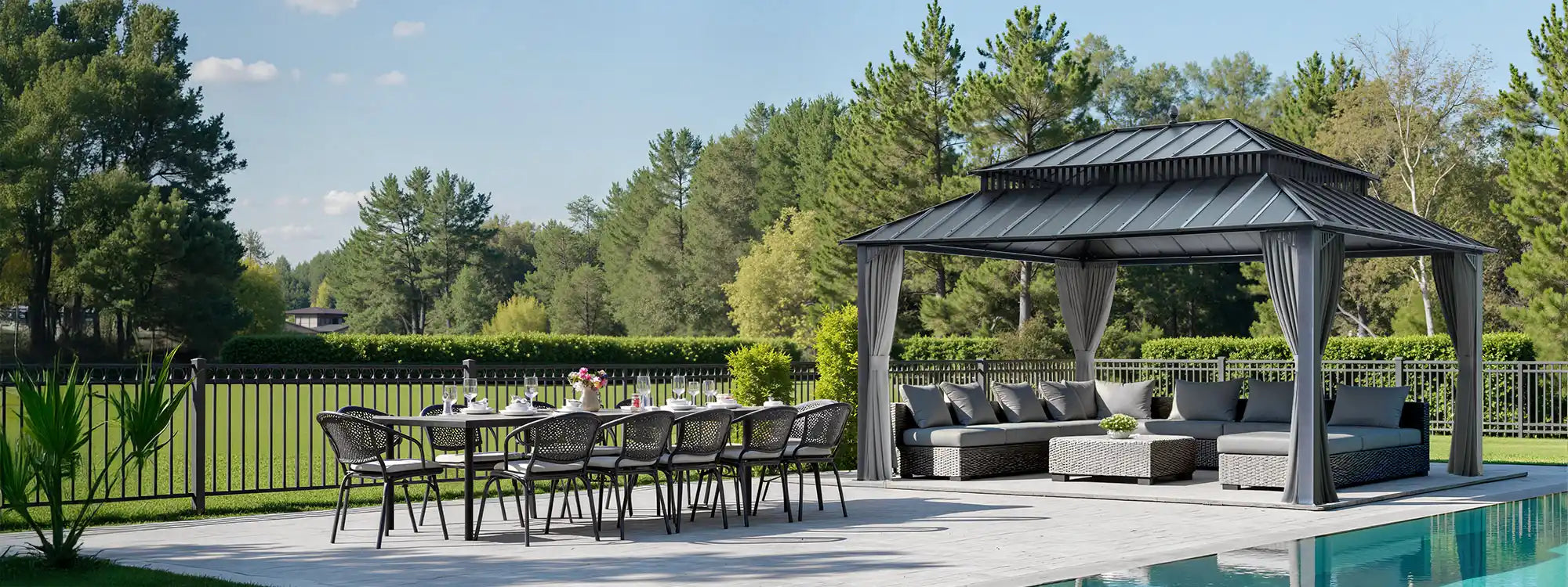 SUNJOY Kingston 12x16 Gazebo with Netting & Curtain | Steel Roof - Gray Aluminum Posts