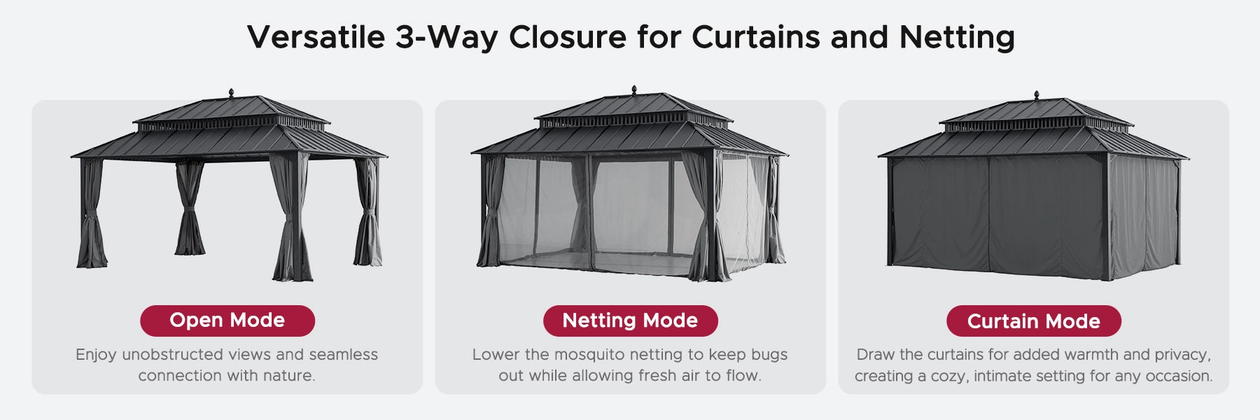 SUNJOY Kingston 12x16 Gazebo with Netting & Curtain | Steel Roof - Gray Aluminum Posts