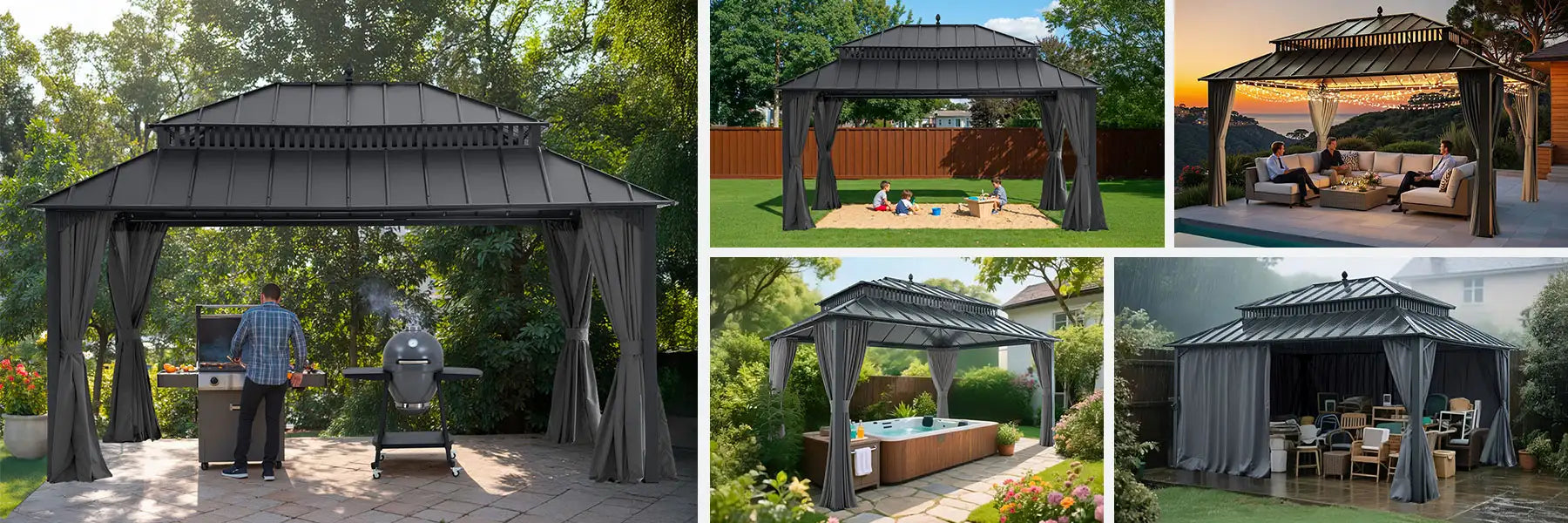 SUNJOY Kingston 12x16 Gazebo with Netting & Curtain | Steel Roof - Gray Aluminum Posts