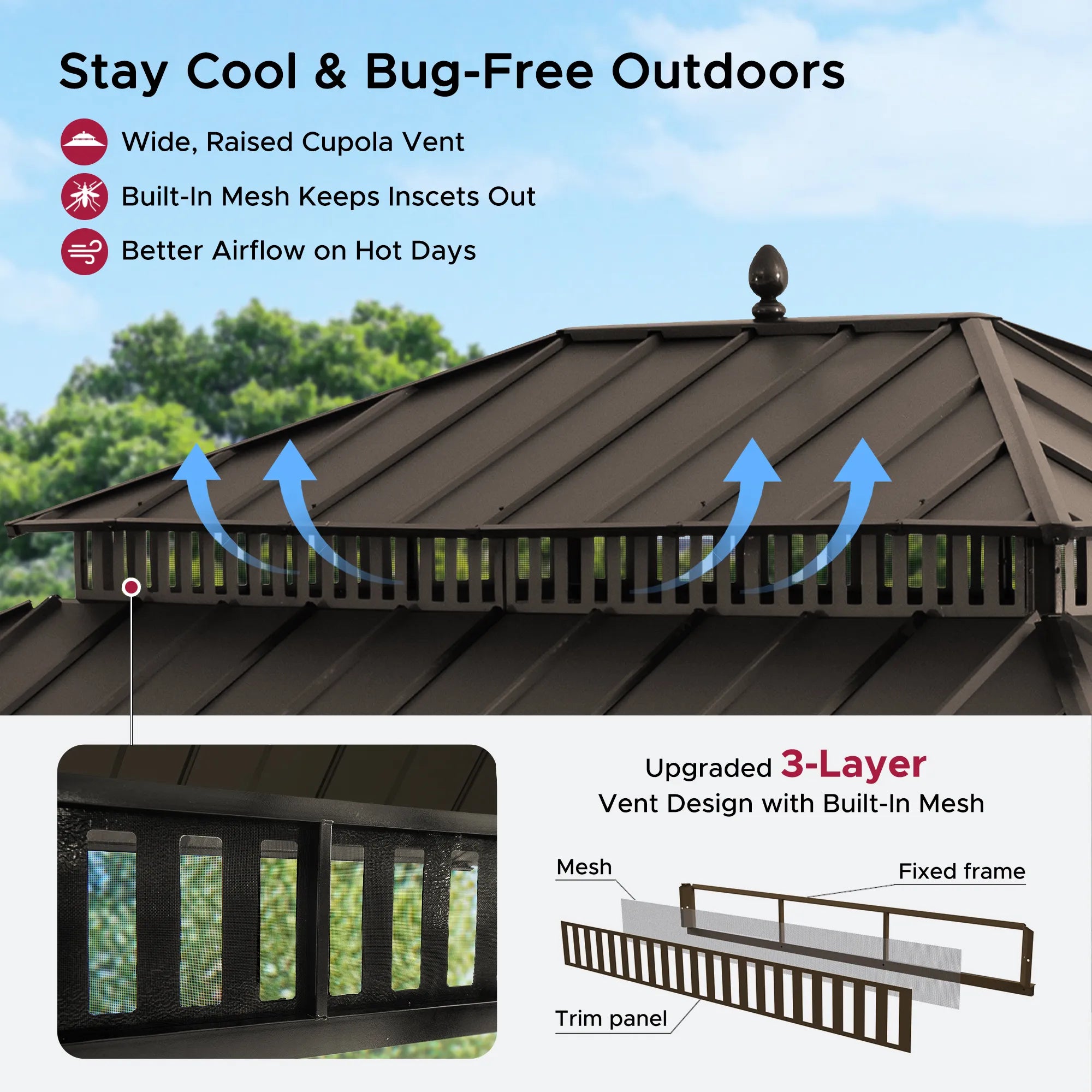 SUNJOY Kingston 12x16 Gazebo with Netting & Curtain | Steel Roof - Brown Aluminum Posts