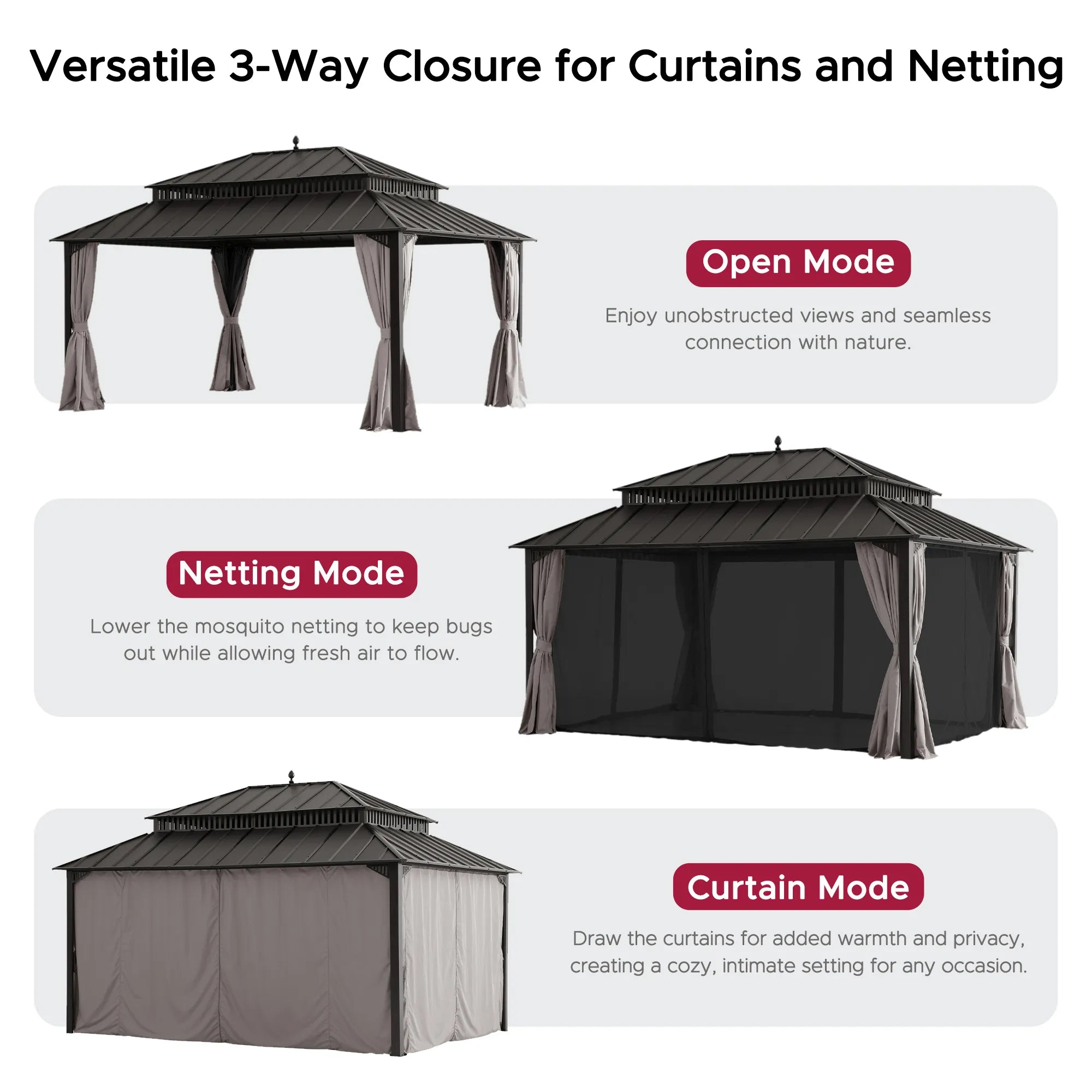 SUNJOY Kingston 12x16 Gazebo with Netting & Curtain | Steel Roof - Brown Aluminum Posts