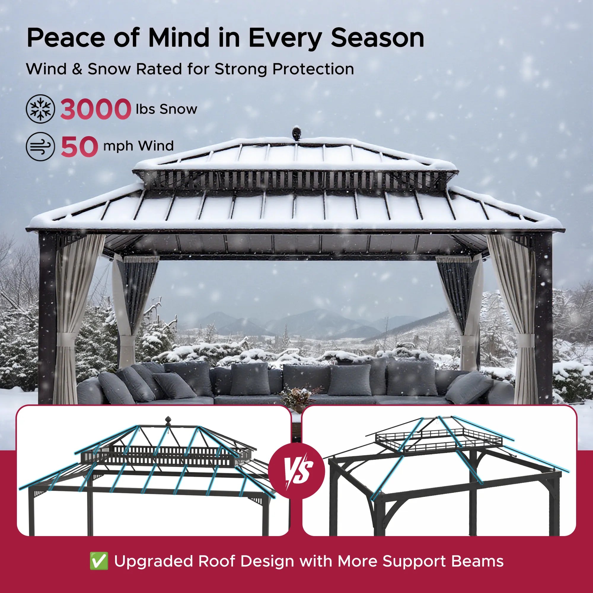 SUNJOY Kingston 12x16 Gazebo with Netting & Curtain | Steel Roof - Brown Aluminum Posts