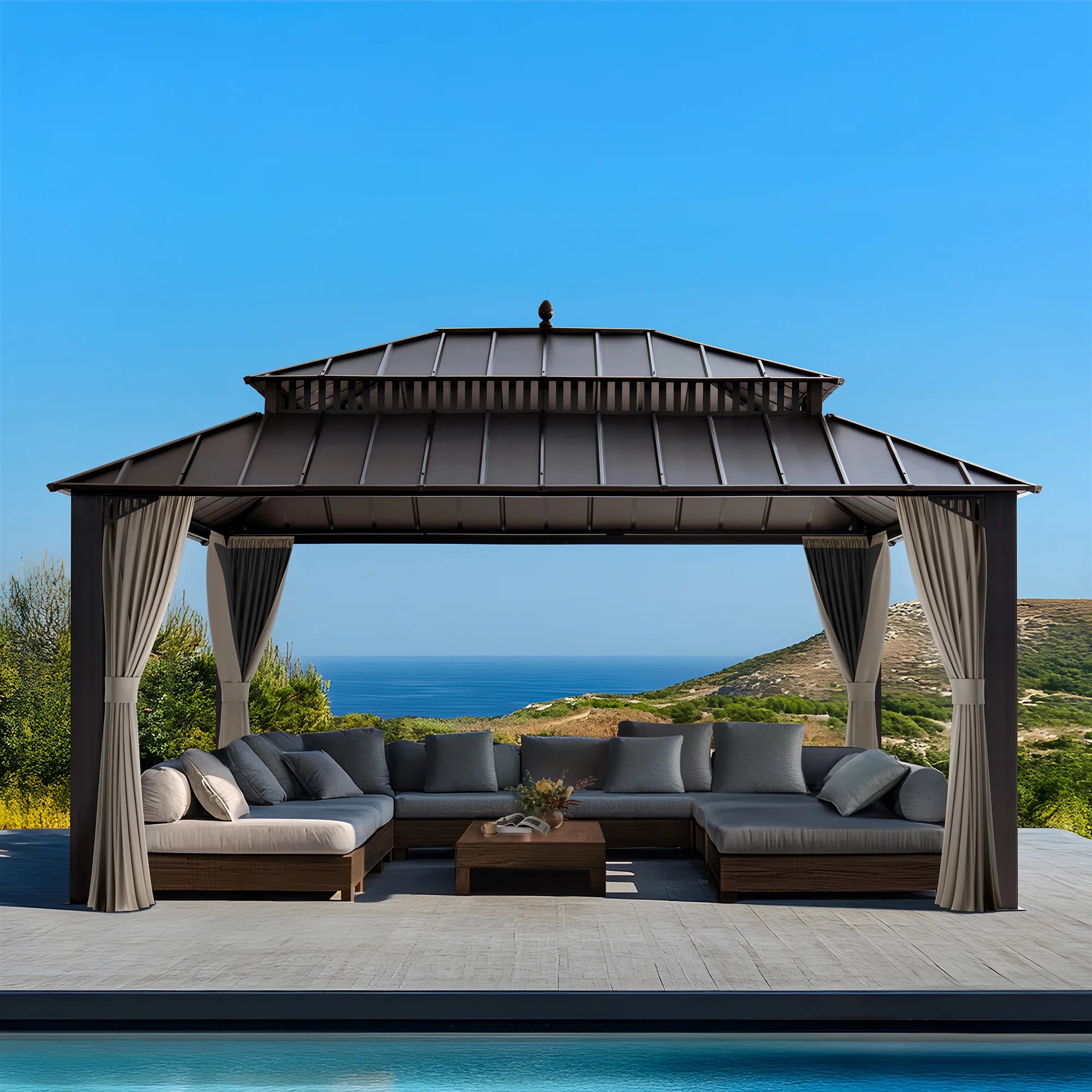 SUNJOY Kingston 12x16 Gazebo with Netting & Curtain | Steel Roof - Brown Aluminum Posts