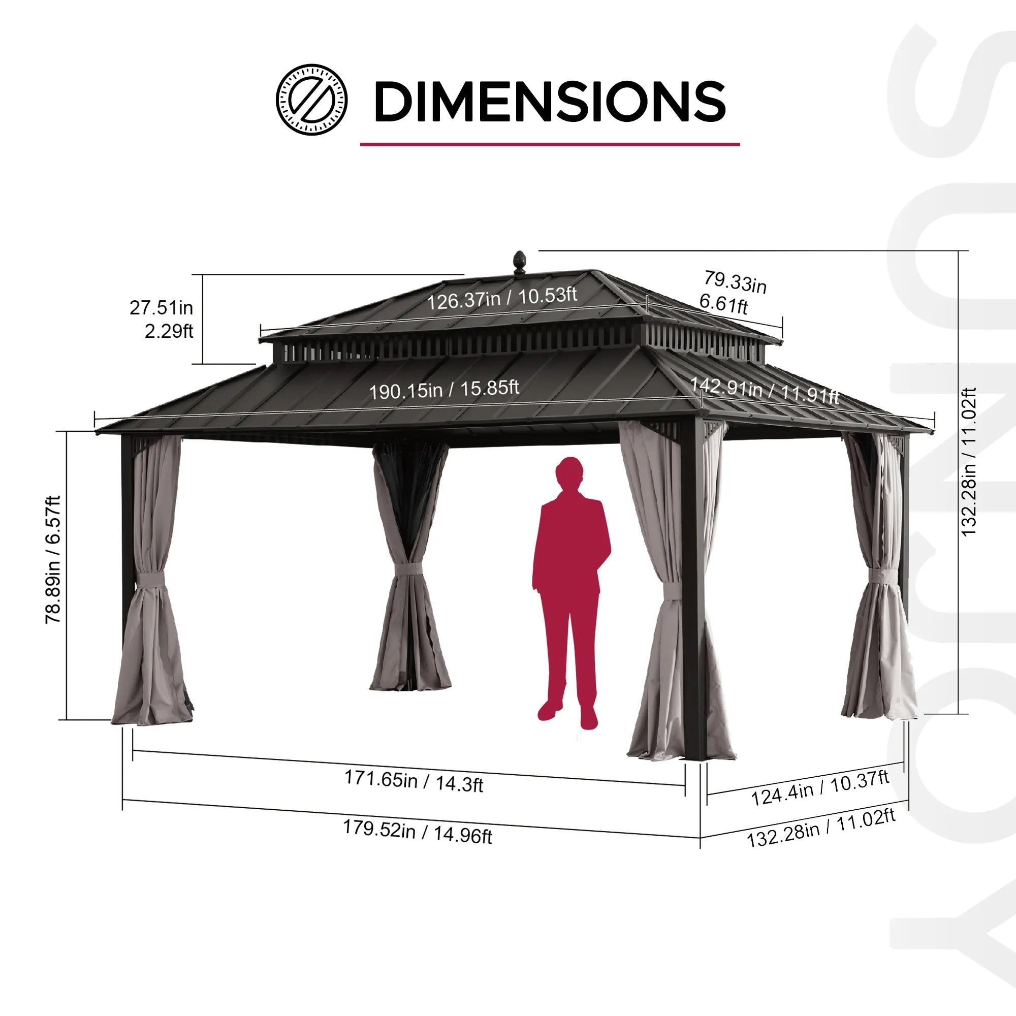 SUNJOY Kingston 12x16 Gazebo with Netting & Curtain | Steel Roof - Brown Aluminum Posts