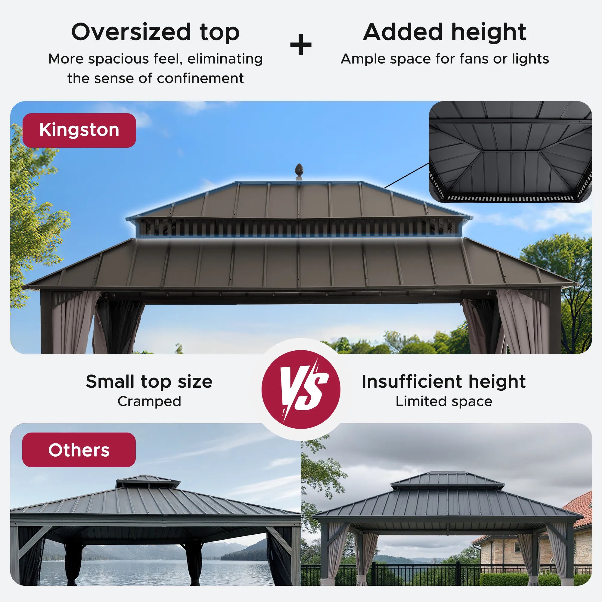 SUNJOY Kingston 12x16 Gazebo with Netting & Curtain | Steel Roof - Brown Aluminum Posts
