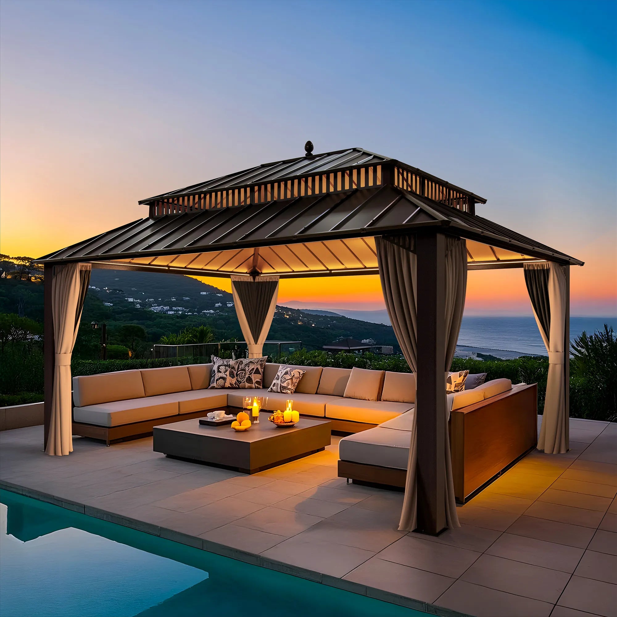 SUNJOY Kingston 12x16 Gazebo with Netting & Curtain | Steel Roof - Brown Aluminum Posts